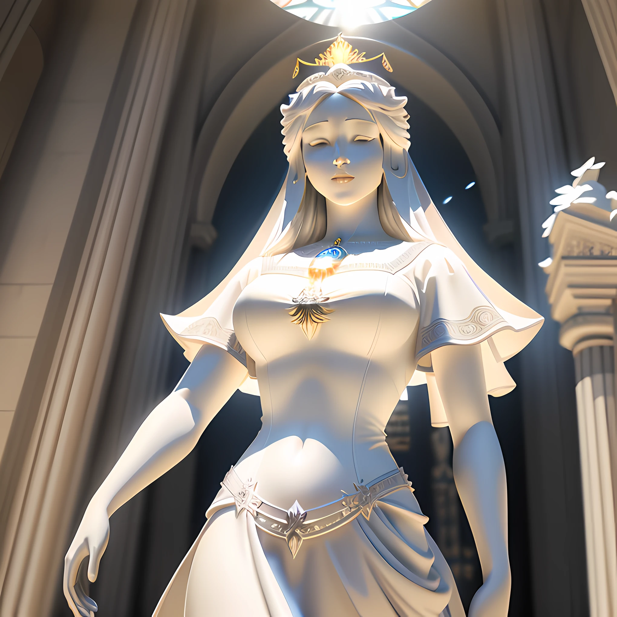 Statue of a woman in a white dress with a sun in the background, queen of heaven, unreal engine render + uma deusa, art nouveau octane render, mary in a sanctuary, Estilo Art Deco Medieval, Retrato da deusa 3D, renderizado em cinema 4 d, renderizado em cinema4d, Virgem Maria, renderizado em v-ray, daily render
