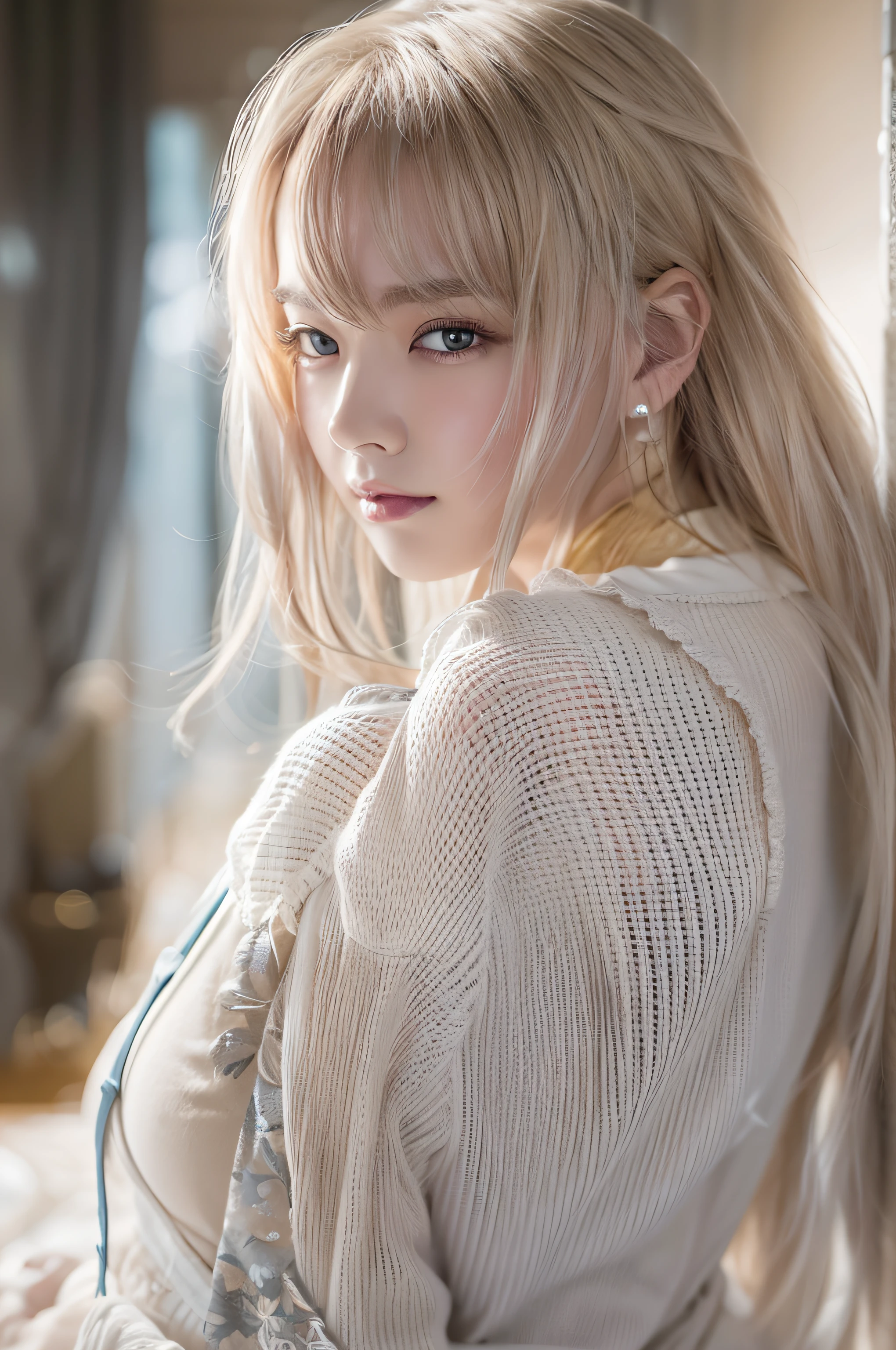 Nikon Z 85mm、((top-quality)) ((masterpiece))、intricate-detail、Sharp focus、proffesional、Photorealsitic、real life、surrealistic、photorealisim、Silhouette Light、finely detail、top-quality、Highly detailed CG Unity 8k wallpapers、erfect artwork、The upper part of the body、shinny hair、radiant eyes、shinny skin、realisitic、The perfect female figure、Constricted waist、Looking at the camera、Ren Hao、enchanting posture、sexy pose、extremely delicate and beautiful、best qualtiy、a beautiful detailed girl、Beautiful fine eyes、Facial Lights、Cinematic lighting、see -through、Transparent material、buttocks expos、realistic representation of face、(intricate detailes、makeups、(Detailed beautiful delicate face、Detailed beautiful delicate eyes、s face)perfectly proportions、Detailed skin、Detailed skin、Best ratio of four fingers and one thumb、arms below breasts、medium large breasts、smooth epigastric、Skinny and thin、lo fashion、独奏、(年轻)、Facial Highlights、The upper part of the body、A detailed face、de pele branca、silber hair、poneyTail、Braids、big eye、White simple underwear、(Hollow pattern、silk)、耳Nipple Ring、Slim body、luxury room、Professional Writing、tear robe、1人、Thick hair、Pink pajamas、Well-groomed eyes、Bright hotel background