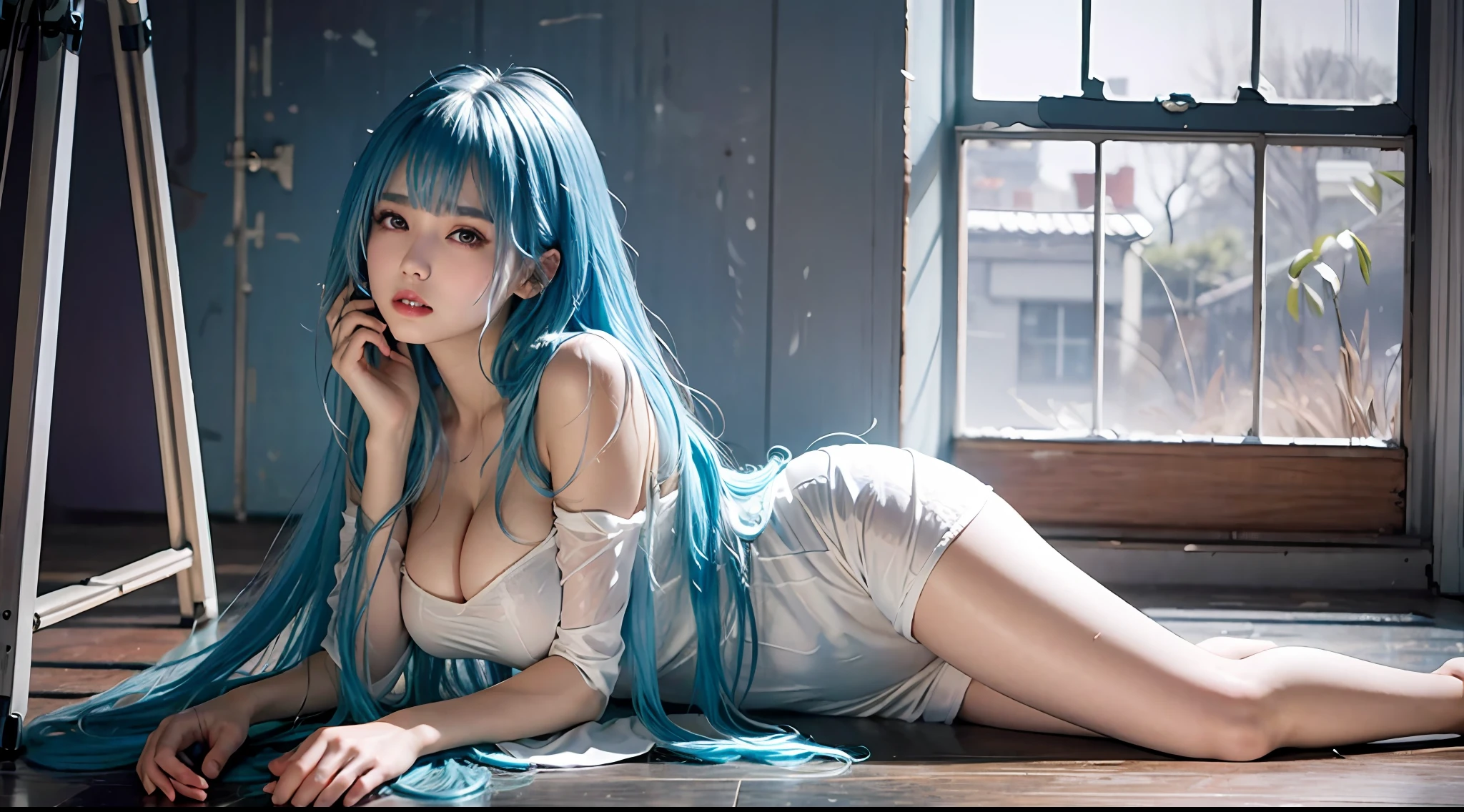（Enrich the picture，Masterpiece level quality）Beautiful 8K CG artwork，Goddess-like posture，Kneeling exercise，Slim and soft，Translucent skin，Aqua blue hair、The aesthetic look of extra-long hair and messy hair，The skin is fair and juicy，Big JK Uniform，Perspective Part 1.2x enhanced silhouette effect，Exquisite transparent blues pattern in pajamas，The details are intricate and exquisite，The background is slightly blurred，Charming and lustful leg seduction，Drool，Extra-large big breasts，Blush，