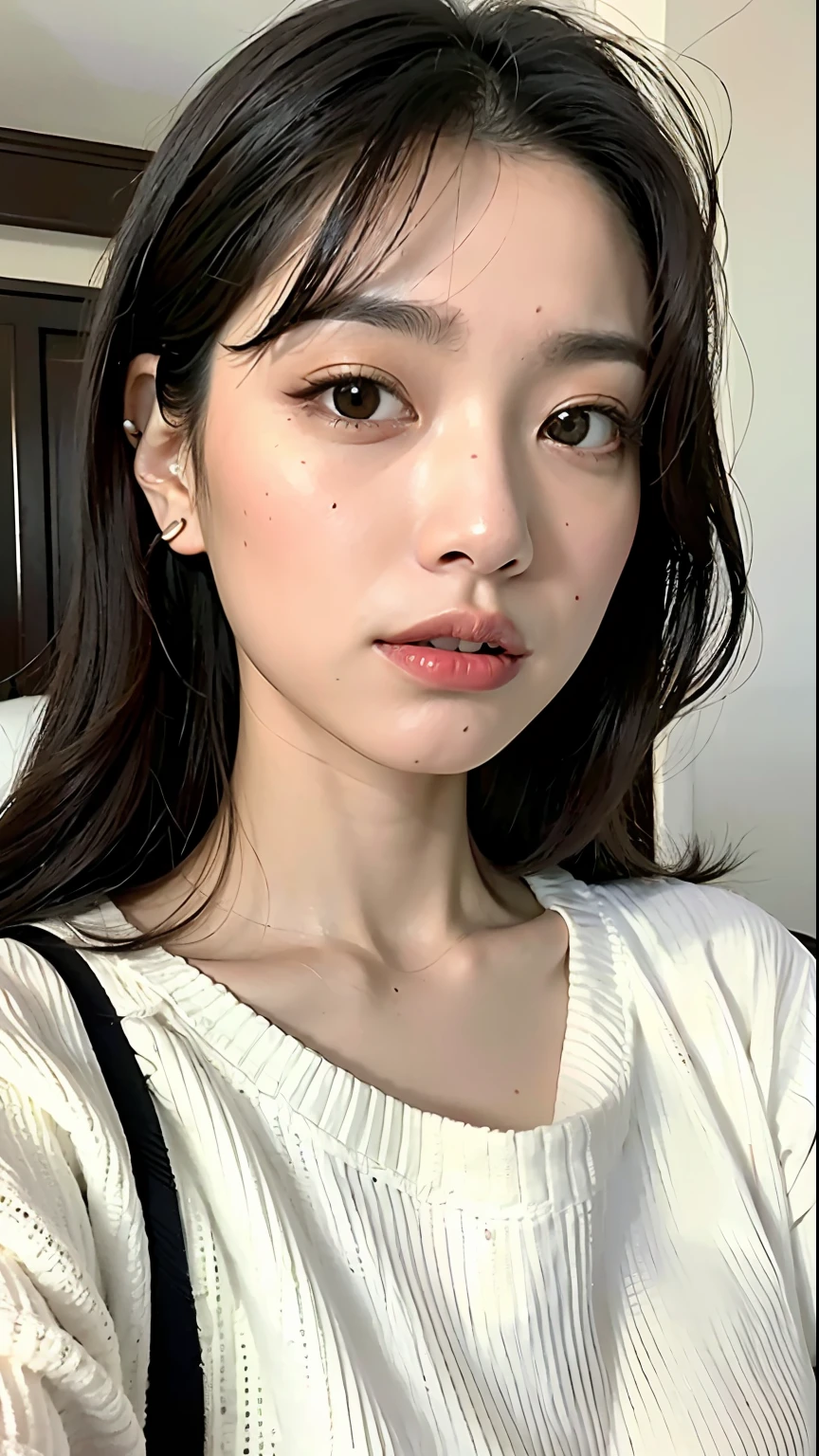 (Melhor qualidade, 8k, 32k, obra-prima, UHD: 1.2), foto da mulher japonesa bonita, seios grandes, cabelo bob muito curto, parte superior do corpo, foco do rosto, oversized_sweater, colar, fundo simples, de cima, olhando para o espectador, seios a mostra, gostosa