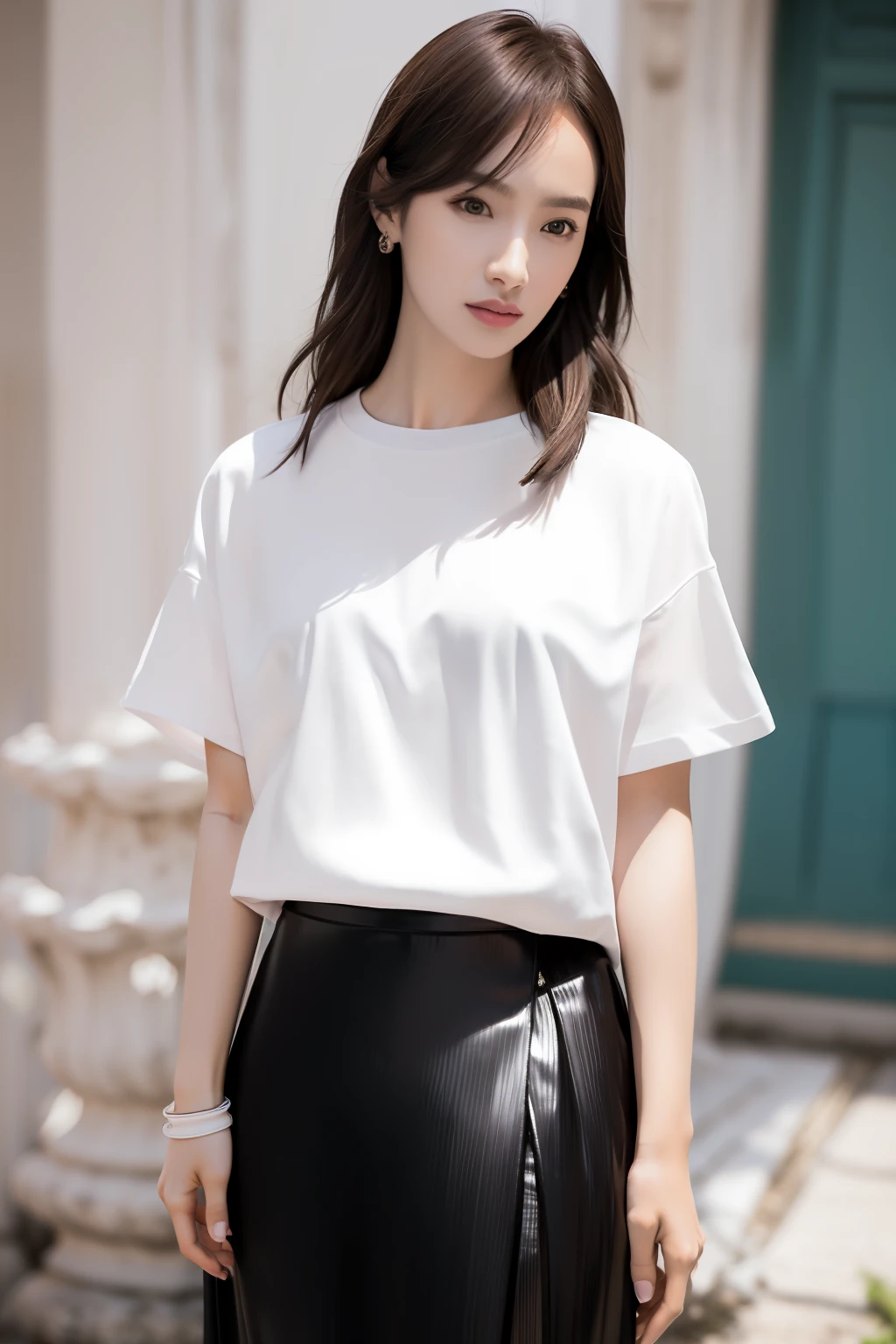 Masterpiece, Best quality, 超高分辨率, (Photorealistic:1.4), Beautiful lighting, RAW photo, 8K UHD, hyperdetailed face, realistic lightning, Beautiful girl, Sweet girl, ((Wear a white T-shirt and pleated long skirt)), library, Long shot, Shy, hiding face behind book,(Small chest 1.1.2)