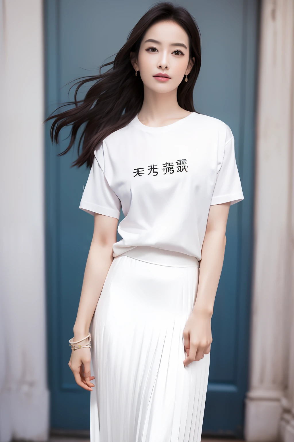 Masterpiece, Best quality, 超高分辨率, (Photorealistic:1.4), Beautiful lighting, RAW photo, 8K  UHD, hyperdetailed face, realistic lightning, Beautiful girl, Sweet girl, ((Wear a white T-shirt and pleated long skirt)), library, Long shot, Shy, hiding face behind book,（Small chest 1.1.2）