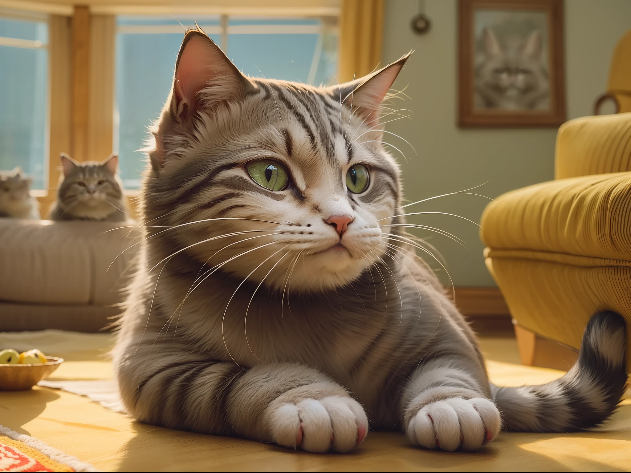 Desenhe um gato recebeno carinho da sua tutora, , with intricate textures and patterns, conveying the feeling of protection and coziness."They're happy and excited in the living room, (comeorando o dia do gato)