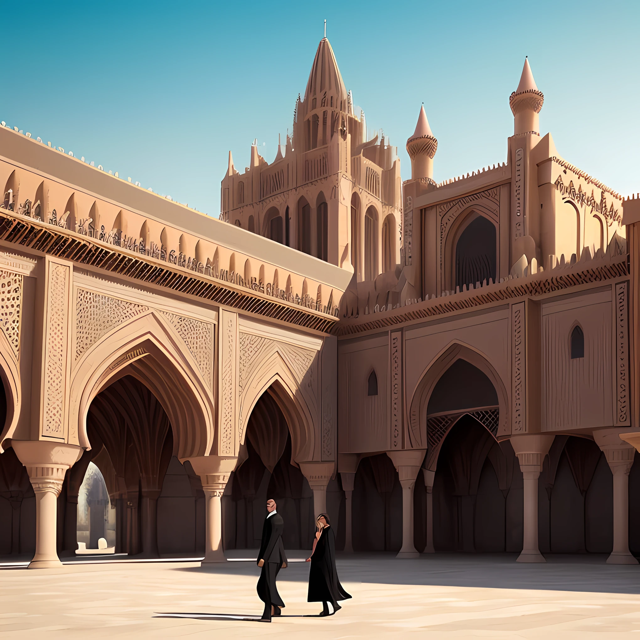 There's a man walking, behind him a Gothic cathedral, inspirado em Luis Paret e Alcazar, d futuristic desert palace, temples behind her, inspirado em Youssef Howayek