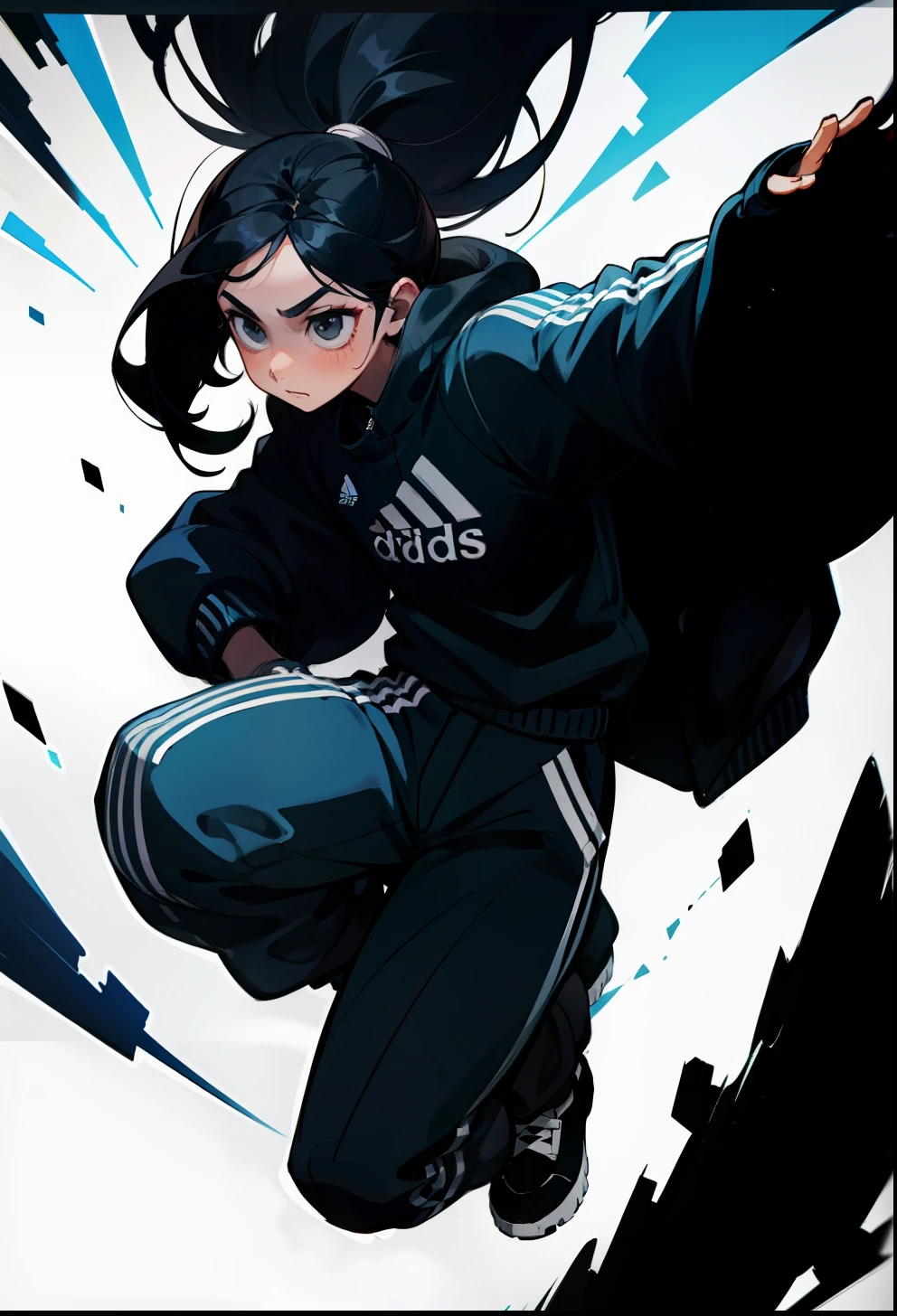 Black hair, 1Girl, Adidas Clothing, Dynamic Pose, Long-haired,