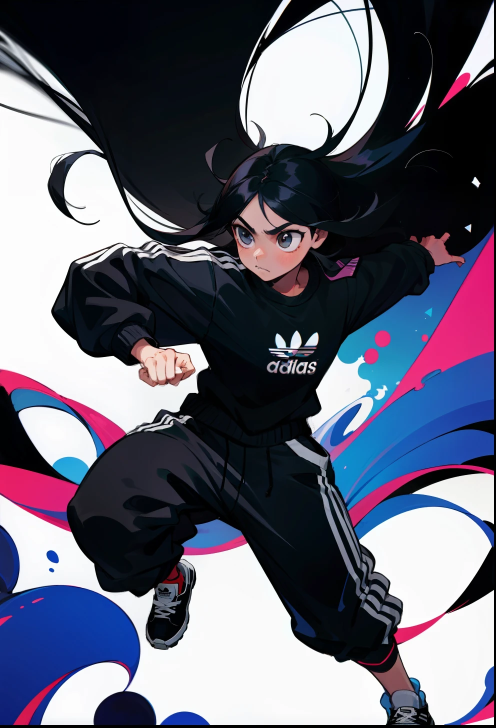 Black hair, 1Girl, Adidas Clothing, Dynamic Pose, Long-haired,