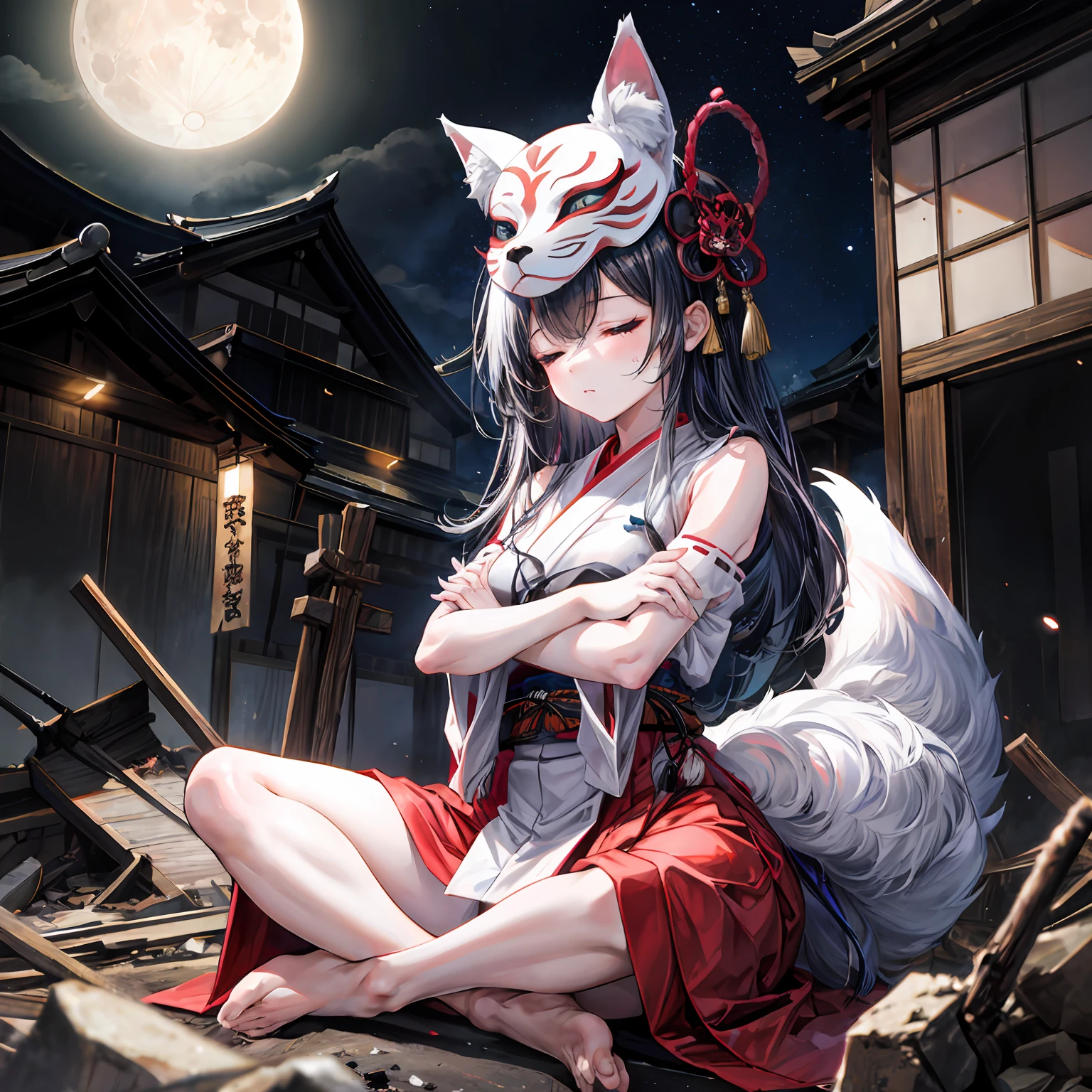 depth of field,A girl wearing a fox mask sits on the roof of an izakaya buried in rubble,miko,long hair,(sleeping girl),moon,shiny skin,tokkuri,food,indian style,crossed arms