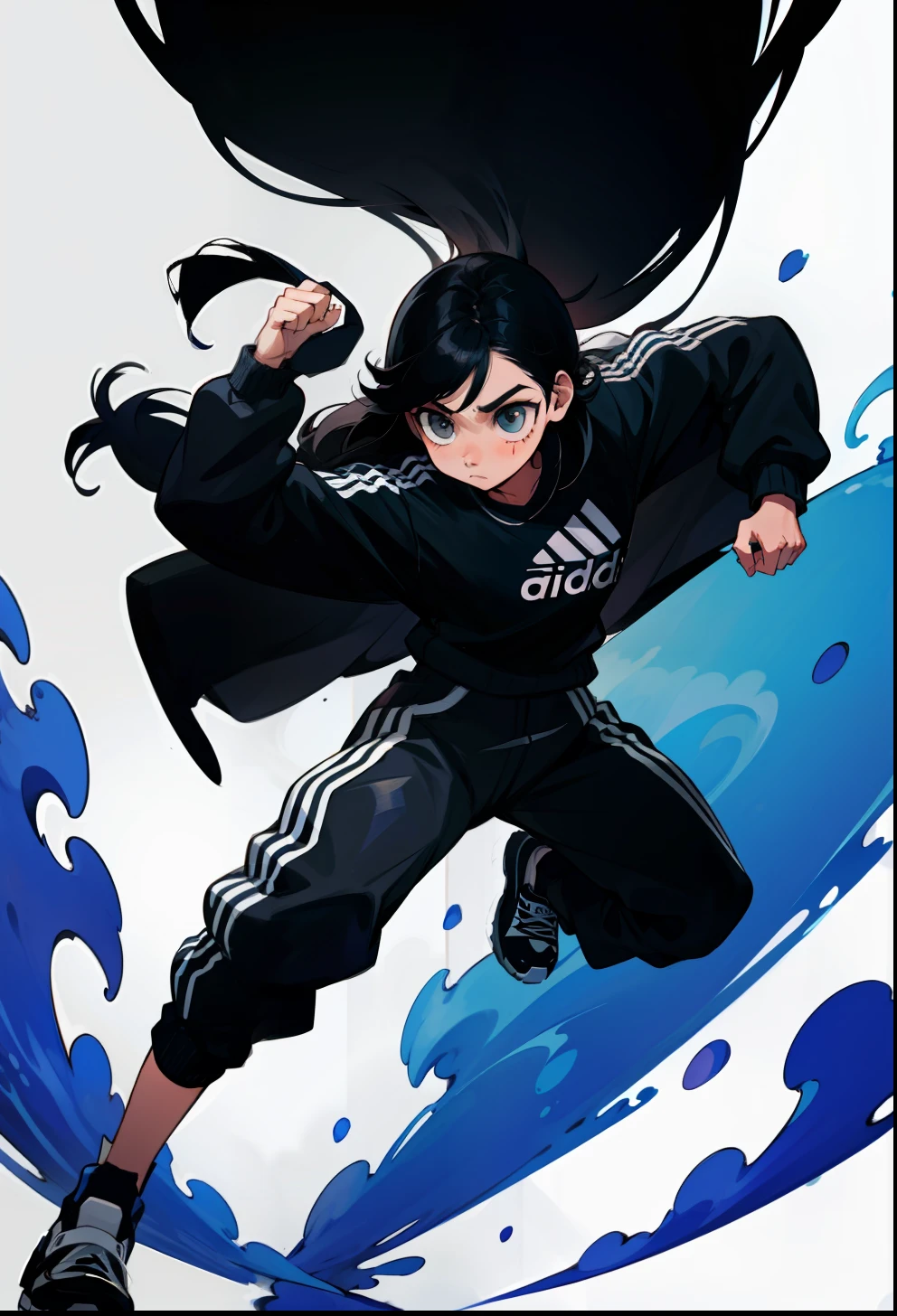 Black hair, 1Girl, Adidas Clothing, Dynamic Pose, Long-haired,