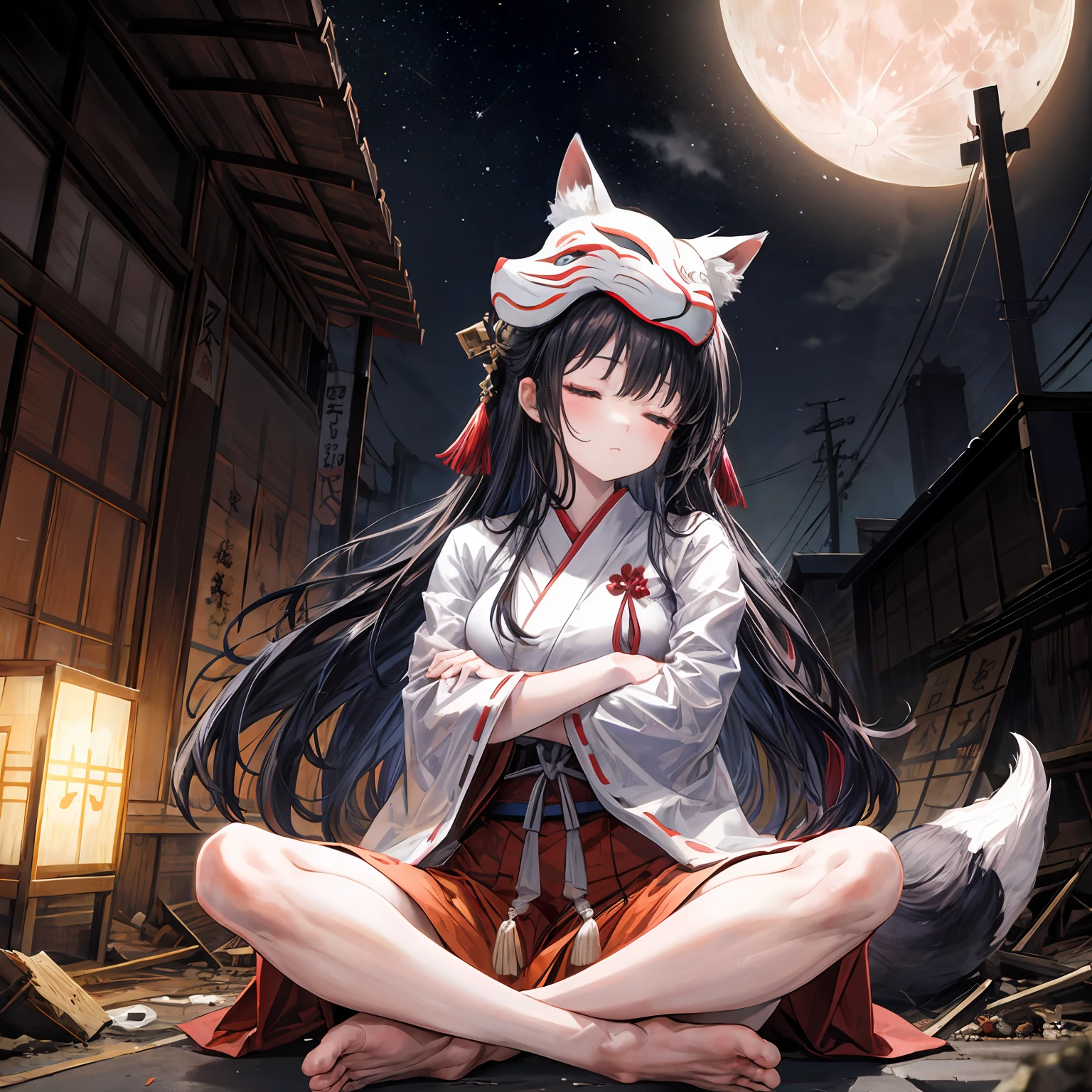 depth of field,A girl wearing a fox mask sits on the roof of an izakaya buried in rubble,miko,long hair,(sleeping girl),moon,shiny skin,tokkuri,food,indian style,crossed arms