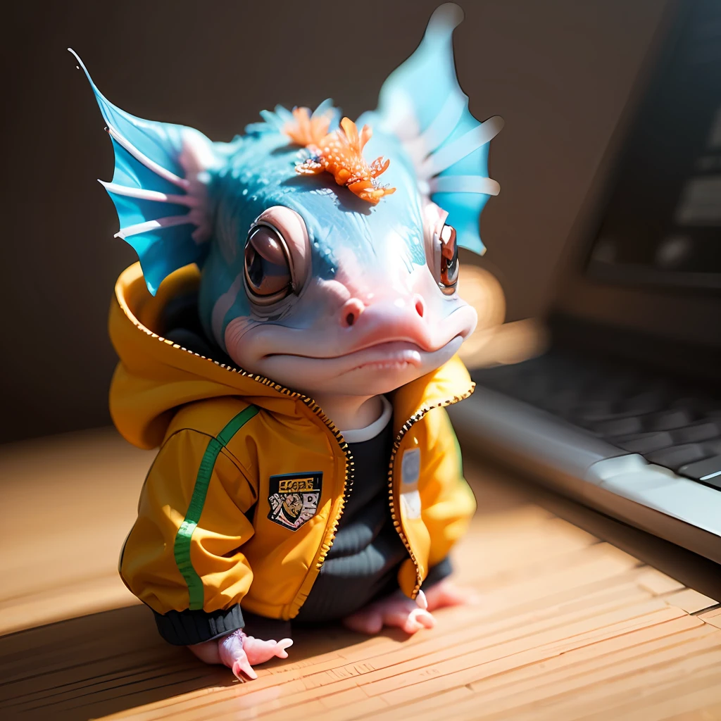 isometric view of a MINI cute hyperrealistic futuristic soldier Axolotl wearing cyberpunk jacket. orange skin. Cinematic, hyper detailed, white GRADIENT background , highly detailed, zoomed out, --auto --s2