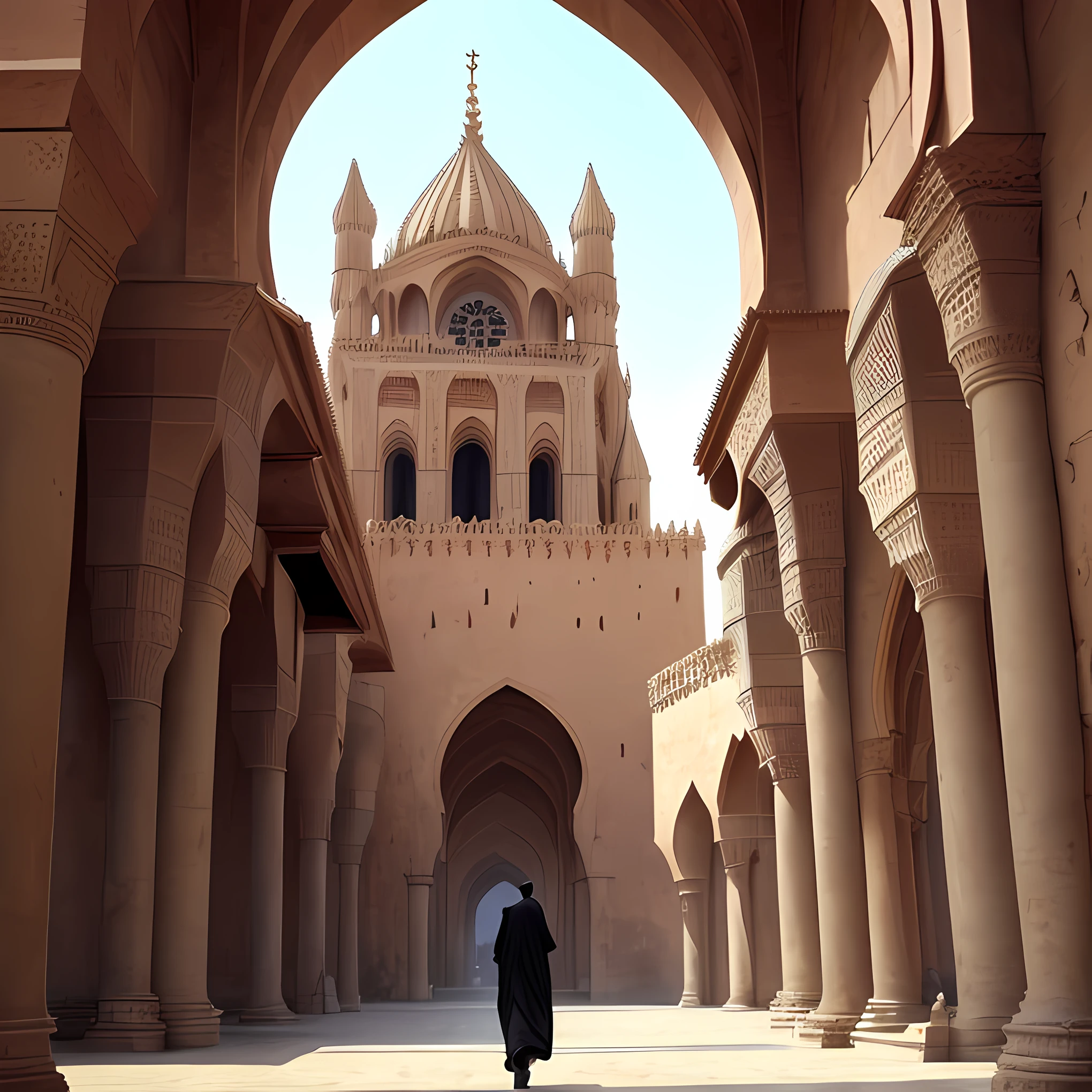 There's a man walking, behind him a Gothic cathedral, inspirado em Luis Paret e Alcazar, d futuristic desert palace, temples behind her, inspirado em Youssef Howayek