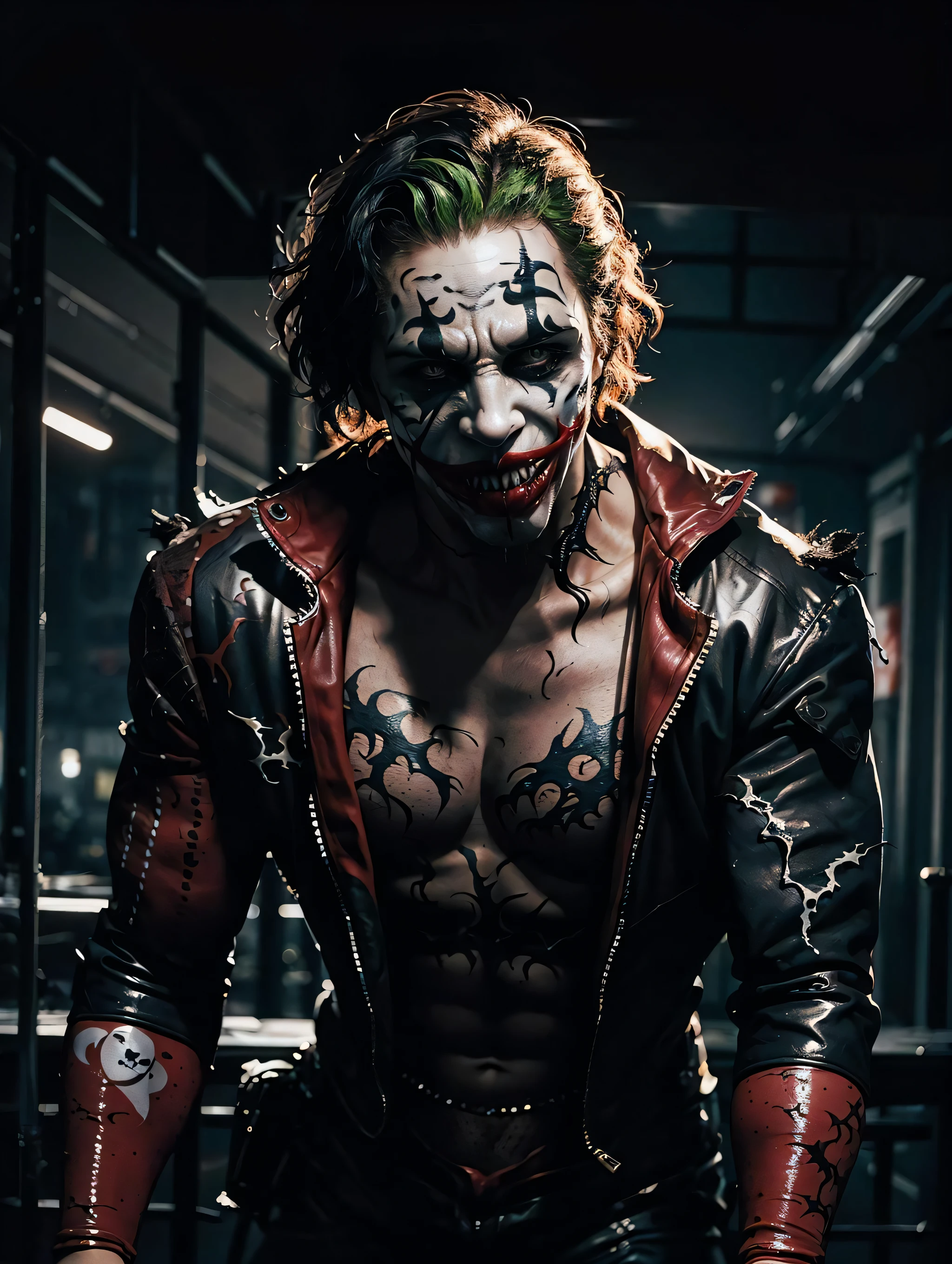 (joker) as (venom:1.2), mascular, official art, unity 8k wallpaper, ultra detailed, aesthetic, masterpiece, best quality, photorealistic, dark theme crazy smile, waist up
