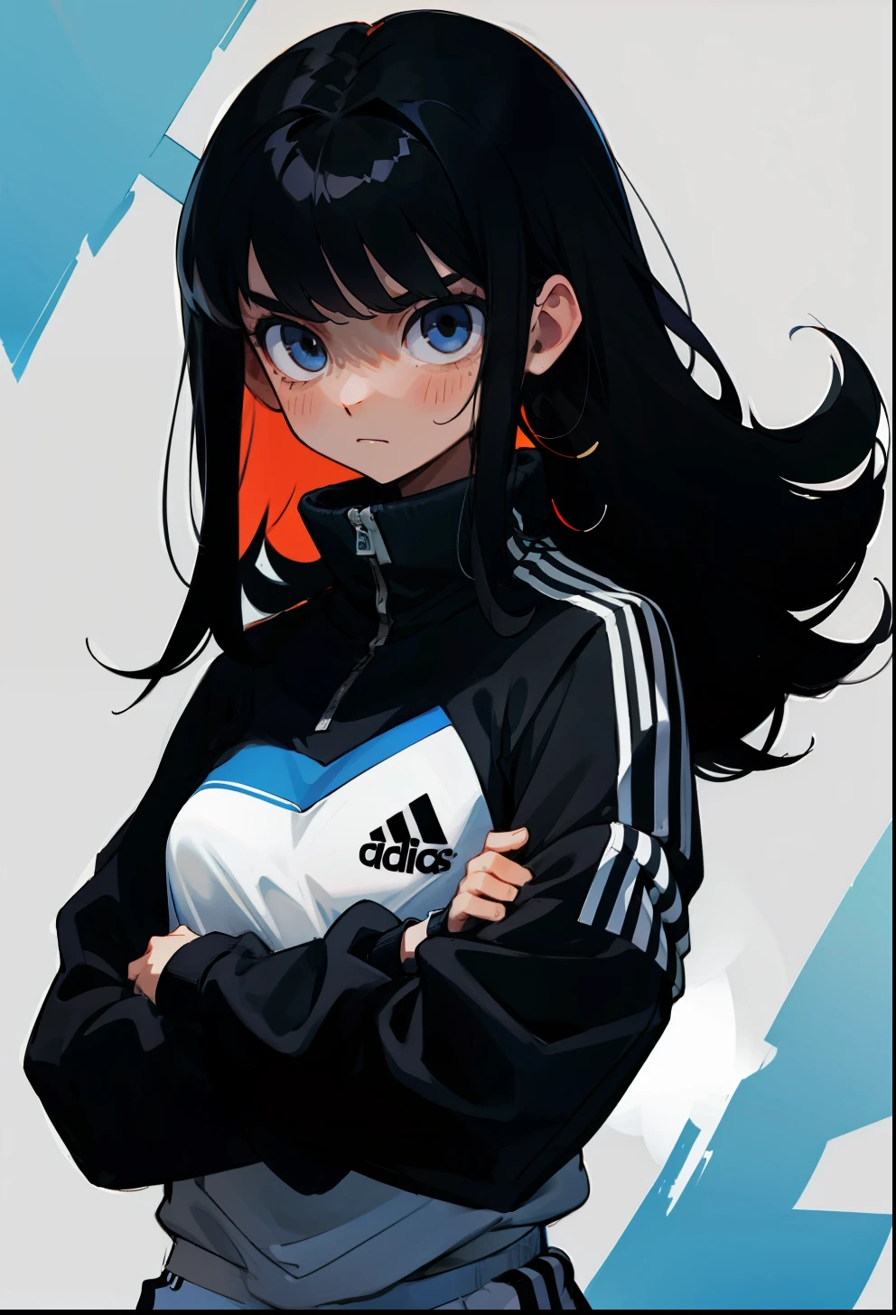 Black hair, 1Girl, Adidas Clothing, Crossed arms, Long-haired,