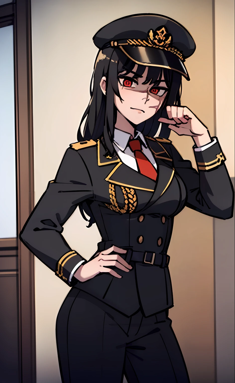 (masterpiece, best quality: 1.2), Solo, 1girl, Yoru \(Chainsaw Man\), looking at the viewer, different poses, red eye, long hair, completely black hair, reference to clothing of a German WWII general, black long sleeves (best quality), scar on face, beautiful eyes, has only 2 arms, has war medals on his clothes,  Black Military Cap, Golden Eagle Medal on Clothing, (Wallpaper), (8K HD), (8K HD), Golden Shoulder Pads, Sprites, 1 Single Design (obra maestra, mejor calidad: 1.2), Solo, 1girl, Yoru \(Chainsaw Man\), mirando al espectador, sonrisa, MALVADA, diferentes poses, ojo rojos, cabello largo, cabello completamente negro, reference to clothing of a German general from World War II, mangas largas negras (mejor calidad), cicatriz en la cara, hermosos ojos, tiene solo 2 brazos, tiene medallas de guerra en su ropa, Gorra militar negra, Golden Eagle Medal in Dress, (fondo de pantalla), (8K HD), (8K HD), hombreras doradas, sprites, 1 single design