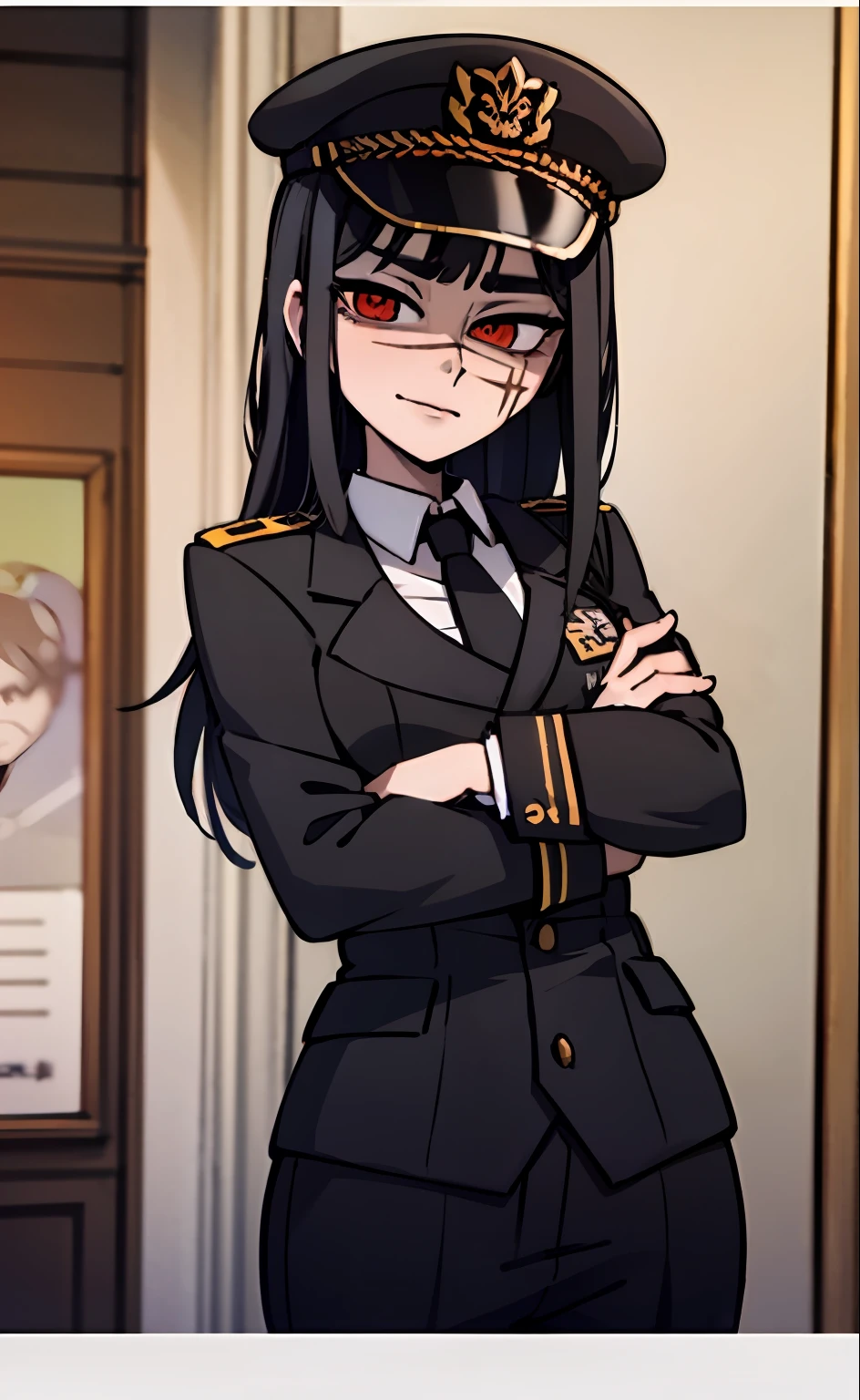 (masterpiece, best quality: 1.2), Solo, 1girl, Yoru \(Chainsaw Man\), looking at the viewer, different poses, red eye, long hair, completely black hair, reference to clothing of a German WWII general, black long sleeves (best quality), scar on face, beautiful eyes, has only 2 arms, has war medals on his clothes, Black Military Cap, Golden Eagle Medal on Clothing, (Wallpaper), (8K HD), (8K HD), Golden Shoulder Pads, Sprites, 1 Single Design (obra maestra, mejor calidad: 1.2), Solo, 1girl, Yoru \(Chainsaw Man\), mirando al espectador, sonrisa, MALVADA, diferentes poses, ojo rojos, cabello largo, cabello completamente negro, reference to clothing of a German general from World War II, mangas largas negras (mejor calidad), cicatriz en la cara, hermosos ojos, tiene solo 2 brazos, tiene medallas de guerra en su ropa, Gorra militar negra, Golden Eagle Medal in Dress, (fondo de pantalla), (8K HD), (8K HD), hombreras doradas, sprites, 1 single design