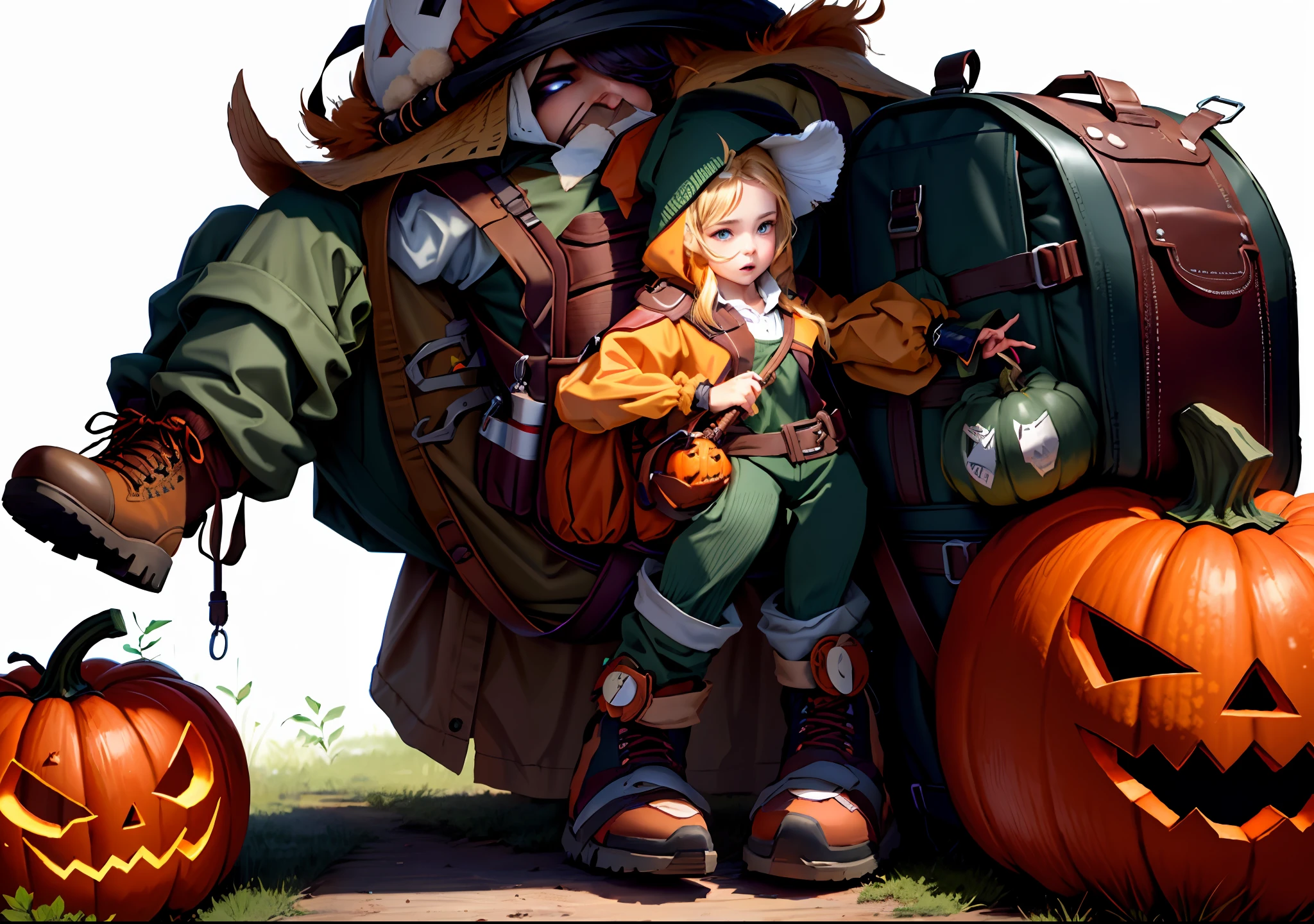 Wear a half pumpkin hat on your head,Carrying a huge pumpkin-shaped hiking bag,It contains all the necessary adventure tools,The backpack is decorated with pumpkin vines,Long-barreled adventure shoes,Small pumpkins hang from the shoes,Carry cute jack-o'-lanterns,Disney style,White background,Exquisite details,fidelity:1.3,realisticlying,ultra - detailed,iintricate