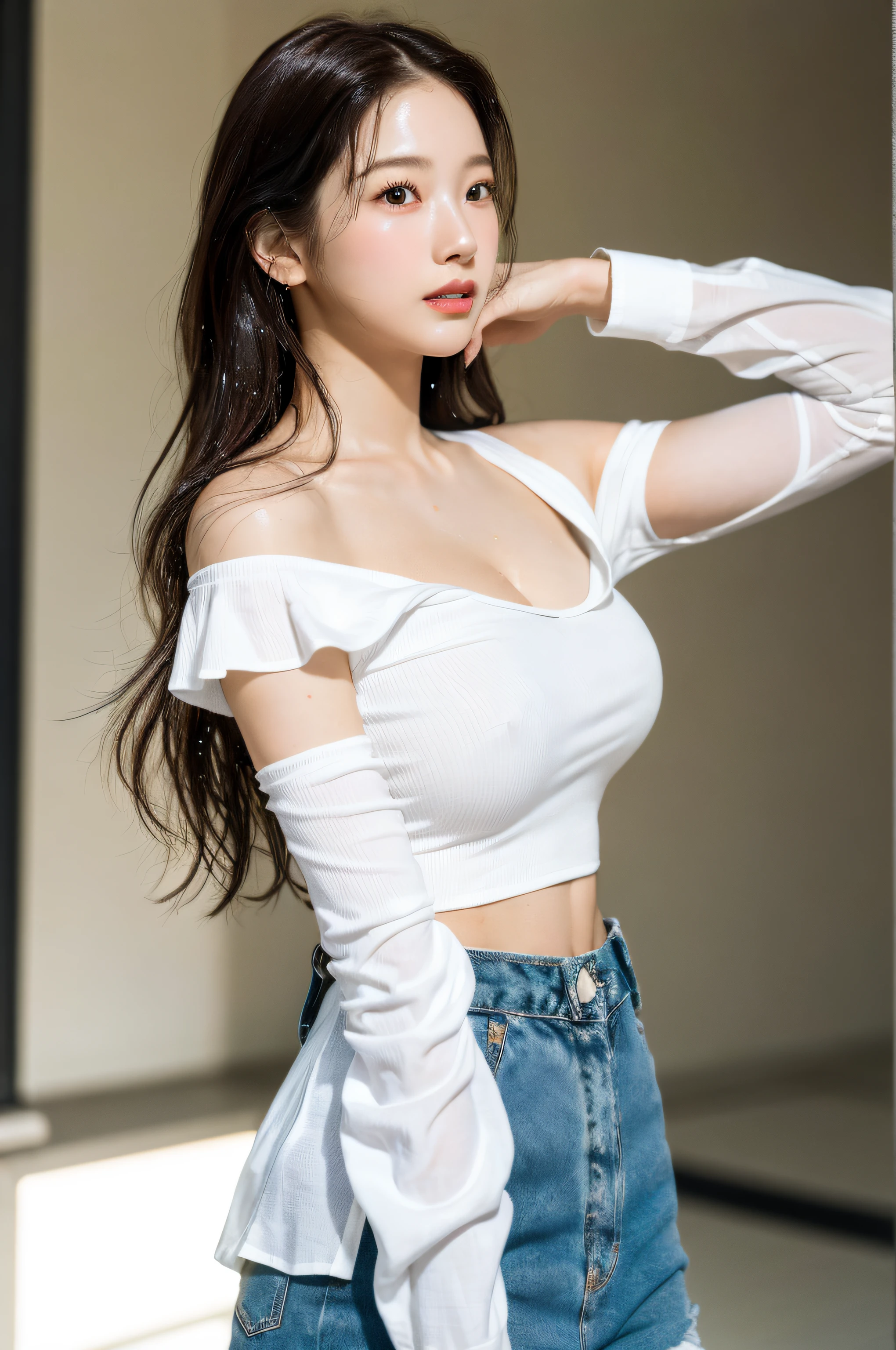 1girl, (Super:1.2), ((White shirt:1.2)), RAW Photos, (Photorealistic:1.37, Realistic), High Definition CG Unified 8K Wallpaper, Watch Viewer, ((Straight from Front))), (HQ Skin: 1.8, Glossy Skin), 8K UHD, DSLR, Soft Lighting, High Quality, Film Grain, FUJIFILM XT3, ((Upper Body: 1.6) ), (Pro Lighting: 1.6), (shower, wet body, wet clothes: 4.1), from below, emphasizing cleavage, off-shoulder, braless