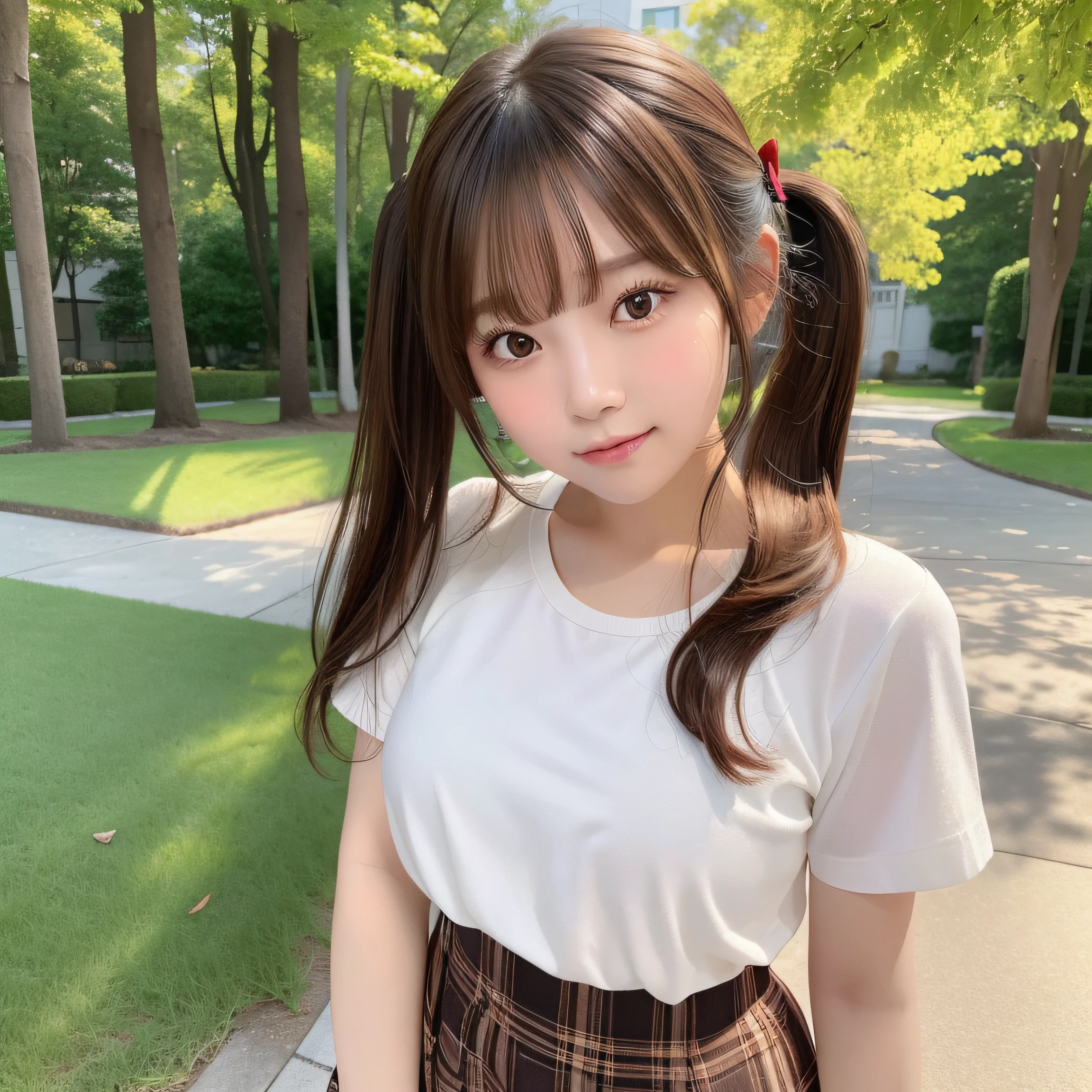 NSFW, 8k RAW photo, top-quality:1.1, masterpiece:1.3, 超A high resolution, film grains, filmg, 1girl, looking at the viewers, natural skin textures:1.1, realistic eyes and face details:1.1, Full lips, fluffy hair, Shy smile, The shirt, Beautiful natural places,full bodyesbian、Around the position of the flower, (细致背景), Plaid skirt, white shirt,(Brown medium hair,Bangs), (touch hair:1.4),nogizaka:1.1,beautiful legs:1.1,poneyTail