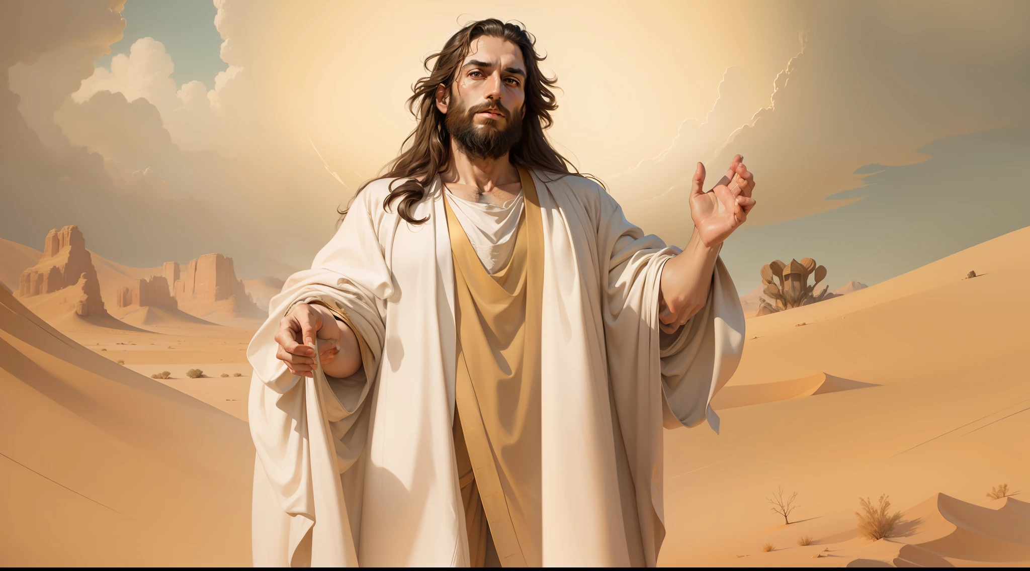 A beautiful ultra-thin realistic portrait of Jesus, the prophet, a 33-year-old Hebrew man, long brown hair, long brown beard, wearing white tunic, in front view, full body, biblical, realistic, in the desert intricate details, by Abbott Fuller Graves, Bartolome Esteban Murillo, J.C. Leyendecker, Craig Mullins, Peter Paul Rubens, (Caravaggio), Trend in Artstation, 8K, Concept Art, PhotoRealistic, Realistic, Illustration, Oil Painting, Surrealism, HyperRealistic, brush brushes, Digital art, style, watercolor