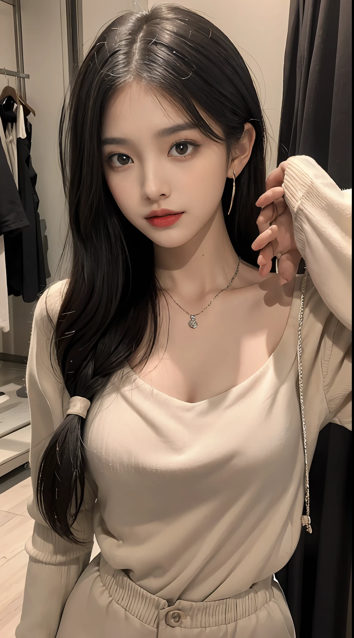 (tmasterpiece),Best quality at best,8K分辨率,3D,A beautiful girl,Wear suspenders,With a necklace,There is a beauty mole under the corner of the left eye ,perfect body figure,((Beautiful detailed face)),(full bodyesbian:1.2),Black color hair(Untidy),Delicate makeup,Redlip,Oily lips,long eyelasher,With silver earrings,Big bright eyes,eye shadows,Lying silkworm,cinmatic lighting,cute female ,Works of masters,high detal,The picture is colorful,Light and shadow details,Extremely delicate beautiful girl,Supple and fair skin,Exquisite facial features,s the perfect face,Stunning beauty,extremy detailed,Realistic details,face to the viewer,, sharp fokus:1.2, 1girll