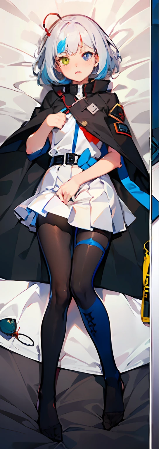 (dakimakura:1.5 ),Masterpiece,Best quality,Extremely detailed Cg Unity 8K wallpaper,Whole body,Solo,newhalf,Flat chest,White hair,Short hair,(Red and blue heterochromatic pupae:1.5),(Black tactical coat),White shirt,Black pleated skirt,(Black pantyhose),Lie in bed