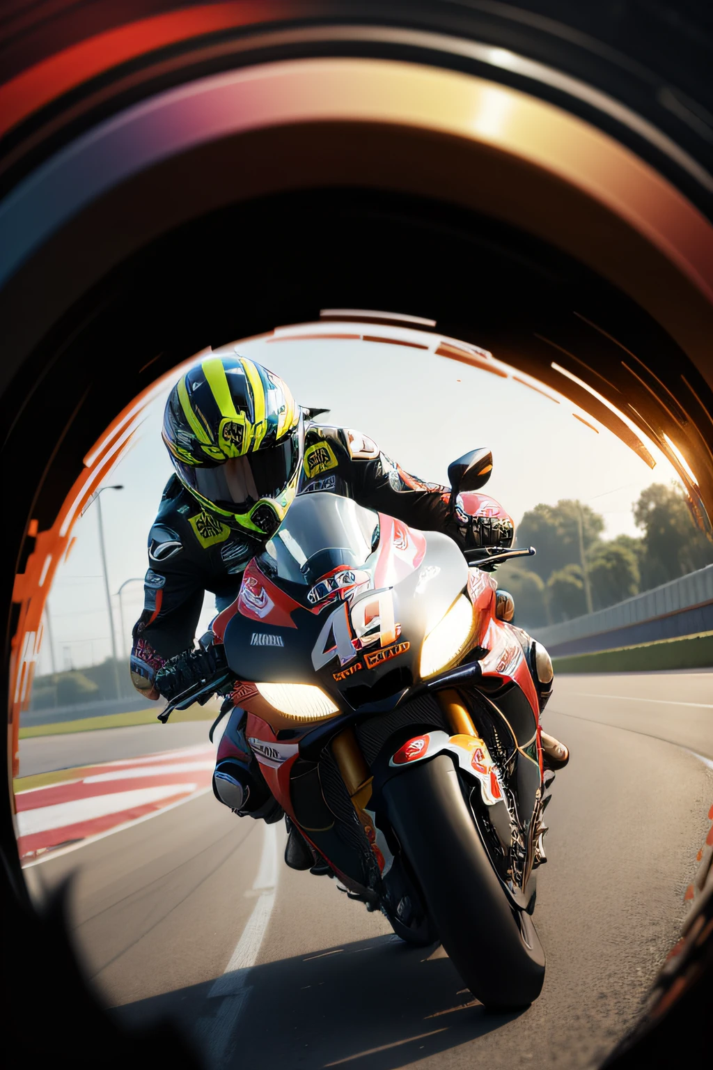 detail of a digital speedometer, explosion of colors typical of india, waved checkered flag, motorcycle speed like valentino rossi accelerating, black background all mixed up