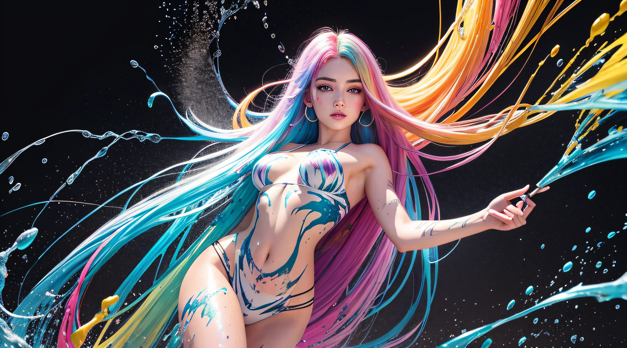 8k, RAW photo, realistic, photo-realistic, hyper-realistic, highest quality, best quality, masterpiece, highly detailed, absurdres,
masterpiece, best quality, (extremely detailed CG unity 8k wallpaper, masterpiece, best quality, ultra-detailed, best shadow), (detailed background), (beautiful detailed face, beautiful detailed eyes), High contrast, (best illumination), 1girl, Australian, multicoloured hair, beautiful, ((colourful paint splashes on transparent background, dulux)), ((caustic)), dynamic angle,beautiful detailed glow,full body, cowboy shot,