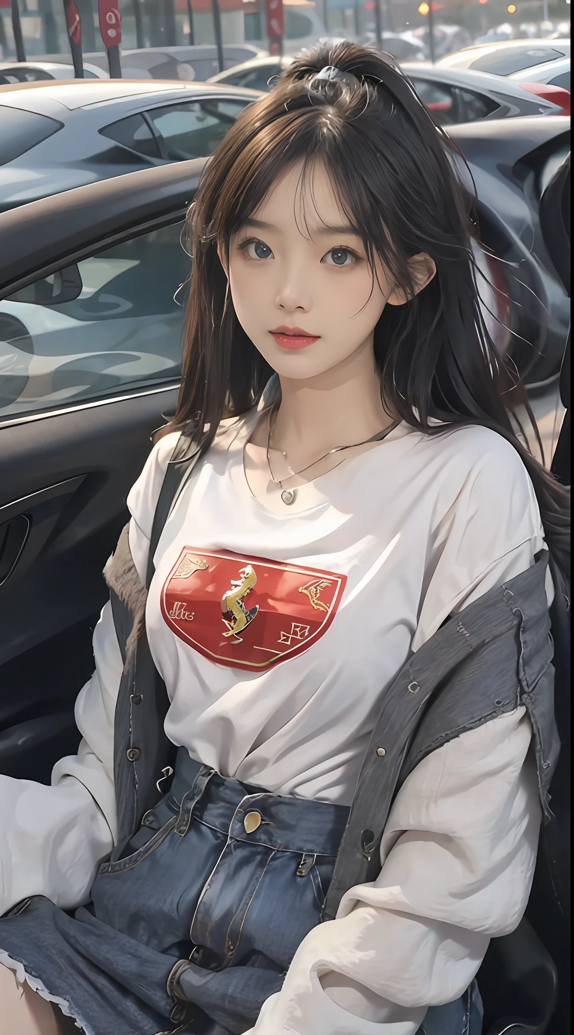 best qualtiy,tmasterpiece,8K分辨率,(realisticlying:1.2),RAW photogr,(Evening street),1个Giant Breast Girl,黑The eye,looking at viewert,long whitr hair,Light makeup,cparted lips,tiny ears,whitet-shirt,denim short,耳Nipple Ring,Sit in Ferrari,Bigchest,Slim