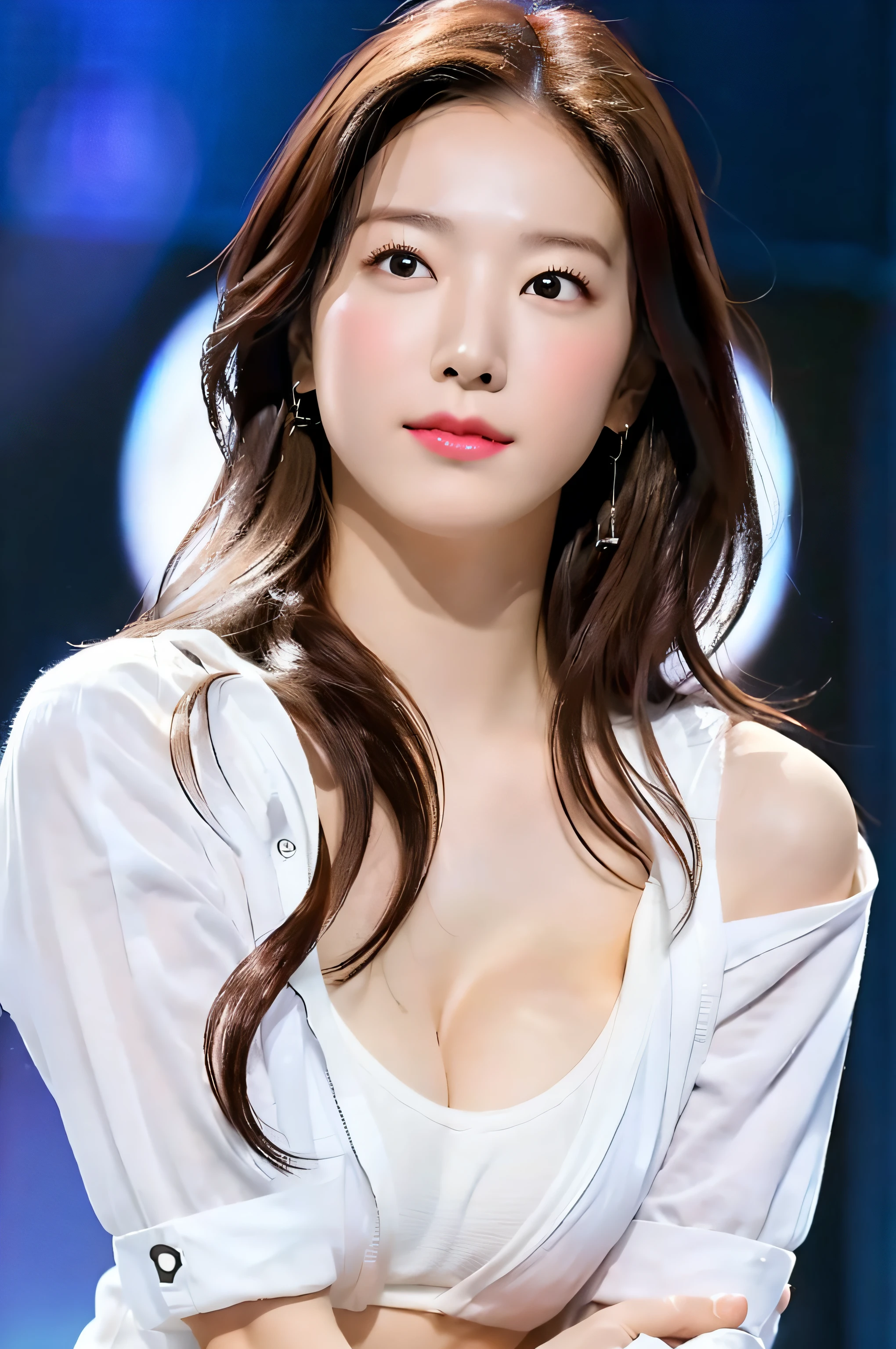 1girl, (super:1.2), ((White shirt:1.2)), RAW Photography, (Photorealsitic:1.37, realisitic), high-definition CG unified 8K wallpapers, Look at viewers, ((straight from front))), (HQ Skin:1.8, shinny skin), 8K UHD, Digital SLR, Soft lighting, high-level image quality, film grains, FujifilmXT3, ((The upper part of the body:1.6)), (Pro lighting:1.6)、frombelow、Emphasizes cleavage、off shoulders、no-bra、Best ratio of four fingers and one thumb、arms below breasts、