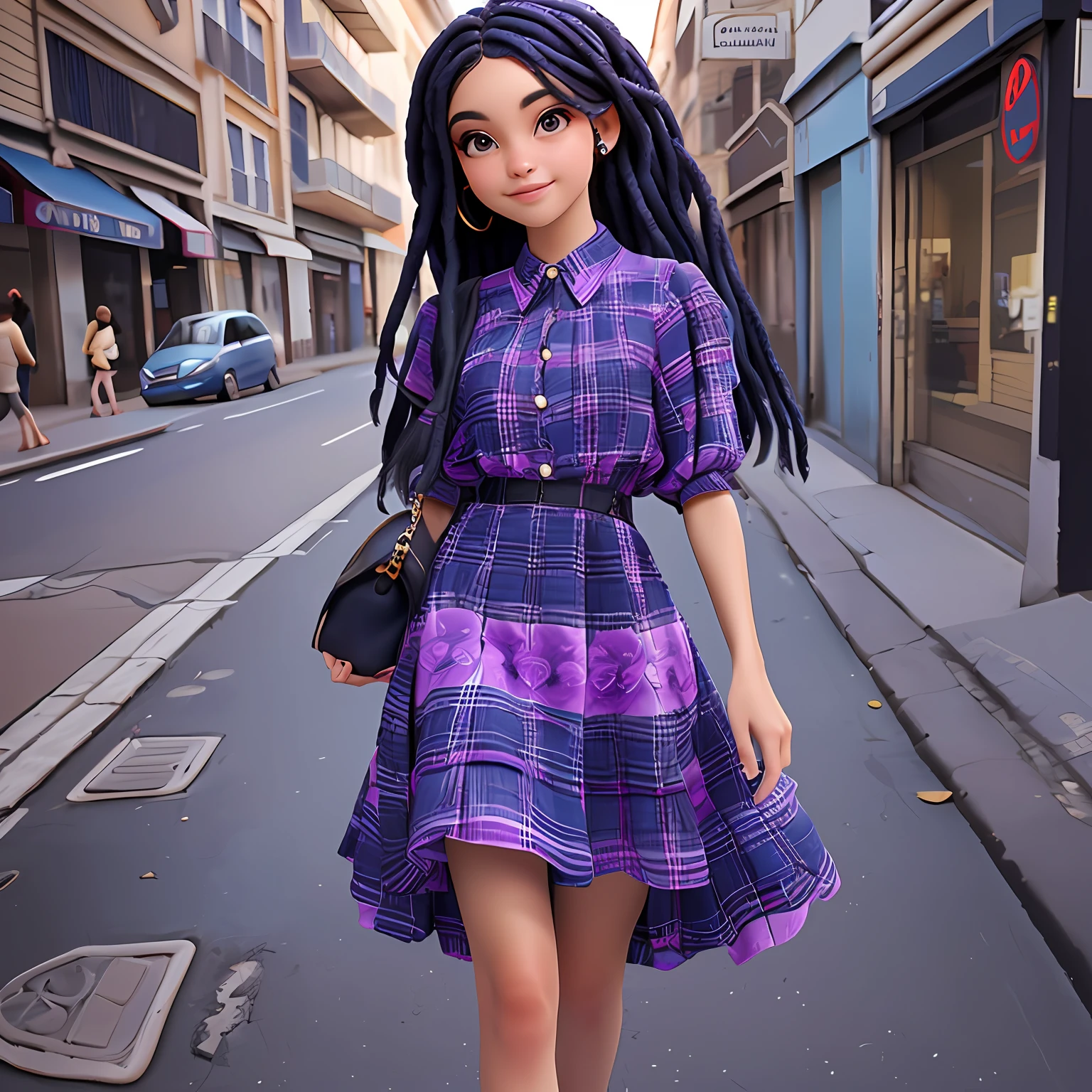 uma negra jovem, Seu cabelo esta preso, vestido longo com rendas delicadas, tom azul claro e dread's roxo escuro, corpo inteiro, The background is filled with an urban tone of the city, evoking a sense of lightness and happiness.