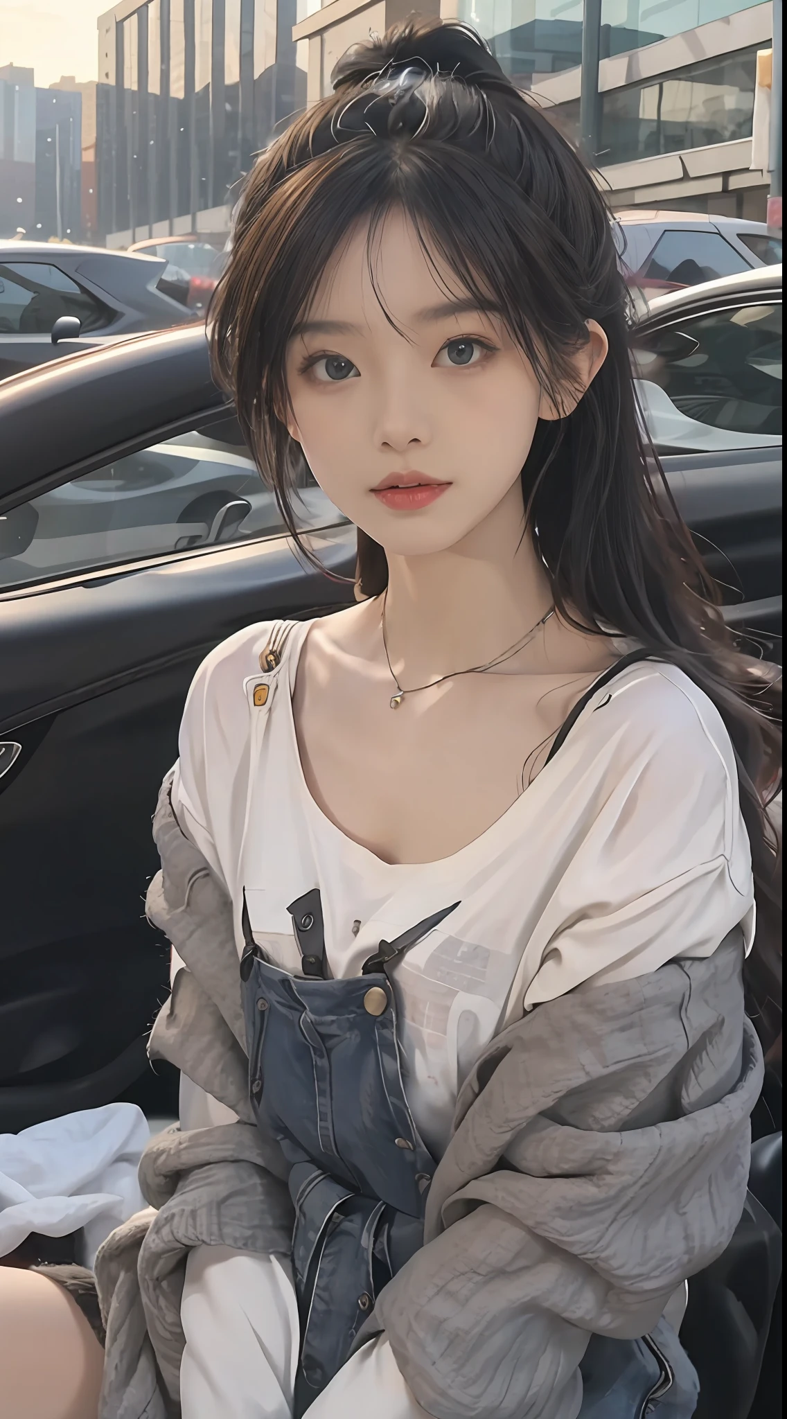 best qualtiy，tmasterpiece，8K分辨率，（realisticlying：1.2），RAW photogr，（Evening street），1个Giant Breast Girl，黑The eye，looking at viewert，long whitr hair，Light makeup，cparted lips，tiny ears，whitet-shirt，denim short，耳Nipple Ring，Sit in Ferrari，Bigchest，Slim