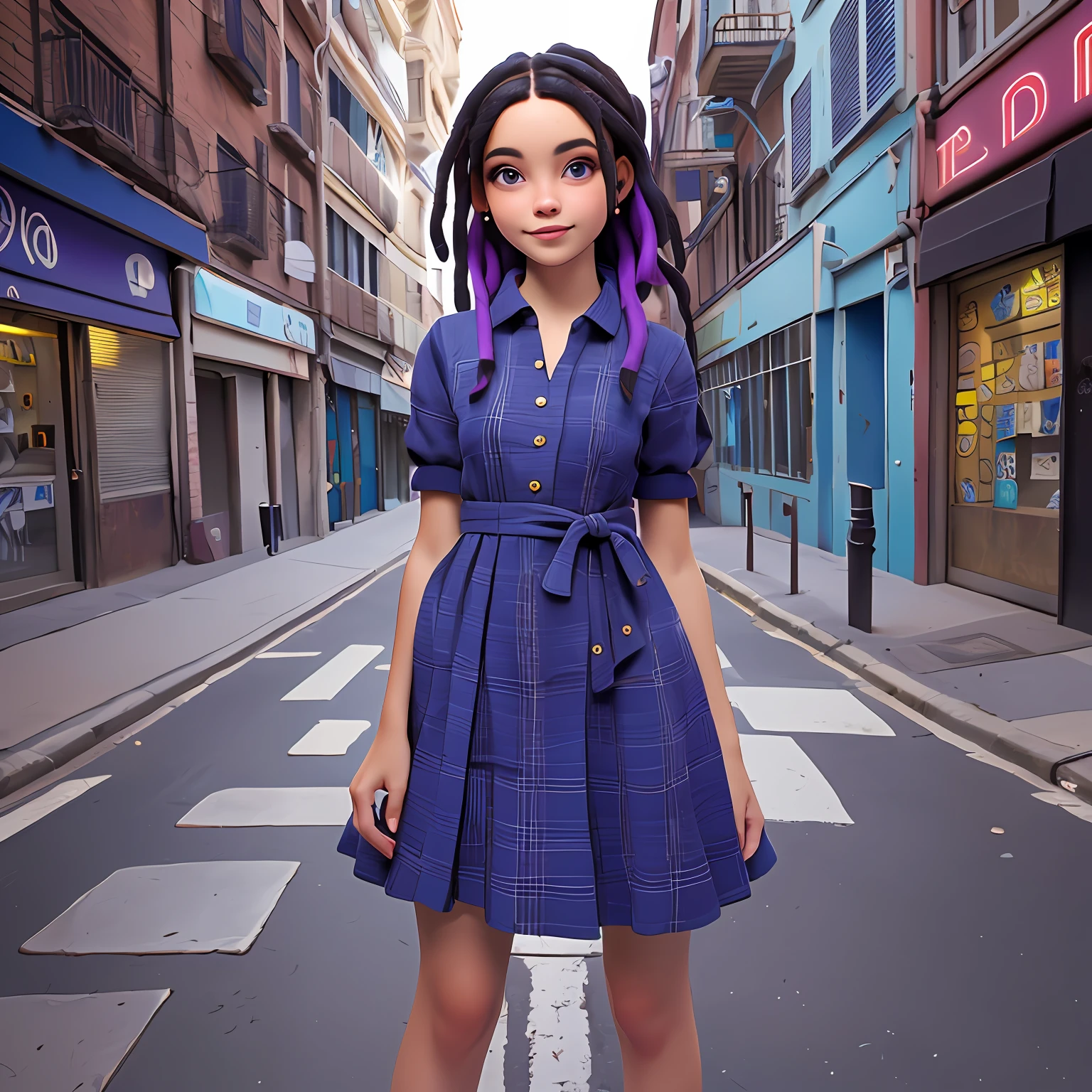 uma menina negra jovem, Seu cabelo esta preso, vestido longo com rendas delicadas, tom azul claro e dread's roxo escuro, corpo inteiro, The background is filled with an urban tone of the city, evoking a sense of lightness and happiness.