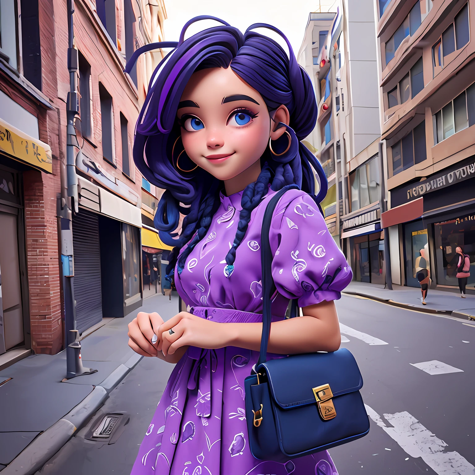 uma menina negra jovem, Seu cabelo esta preso, vestido longo com rendas delicadas, tom azul claro e dread's roxo escuro, corpo inteiro, The background is filled with an urban tone of the city, evoking a sense of lightness and happiness.