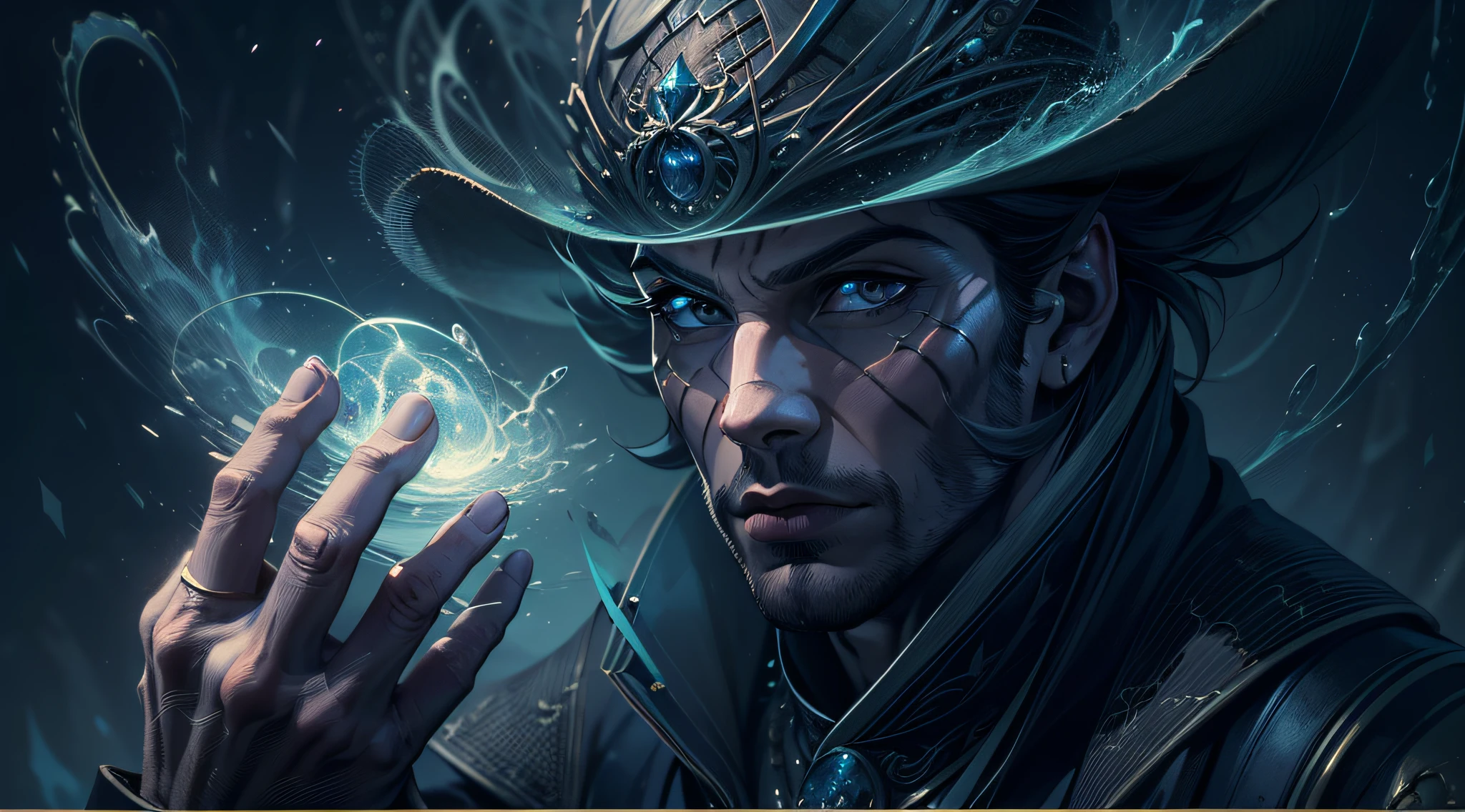 (masterpiece, best quality:1.4),(absurdres, highres, ultra detailed:1.2), (1 handsome man:1.4),(using dark magic:1.4),purple magic,playful illustrations, imaginative overlays, artistic fusion,fantastical scenes, evocative narratives, striking visuals, upper body