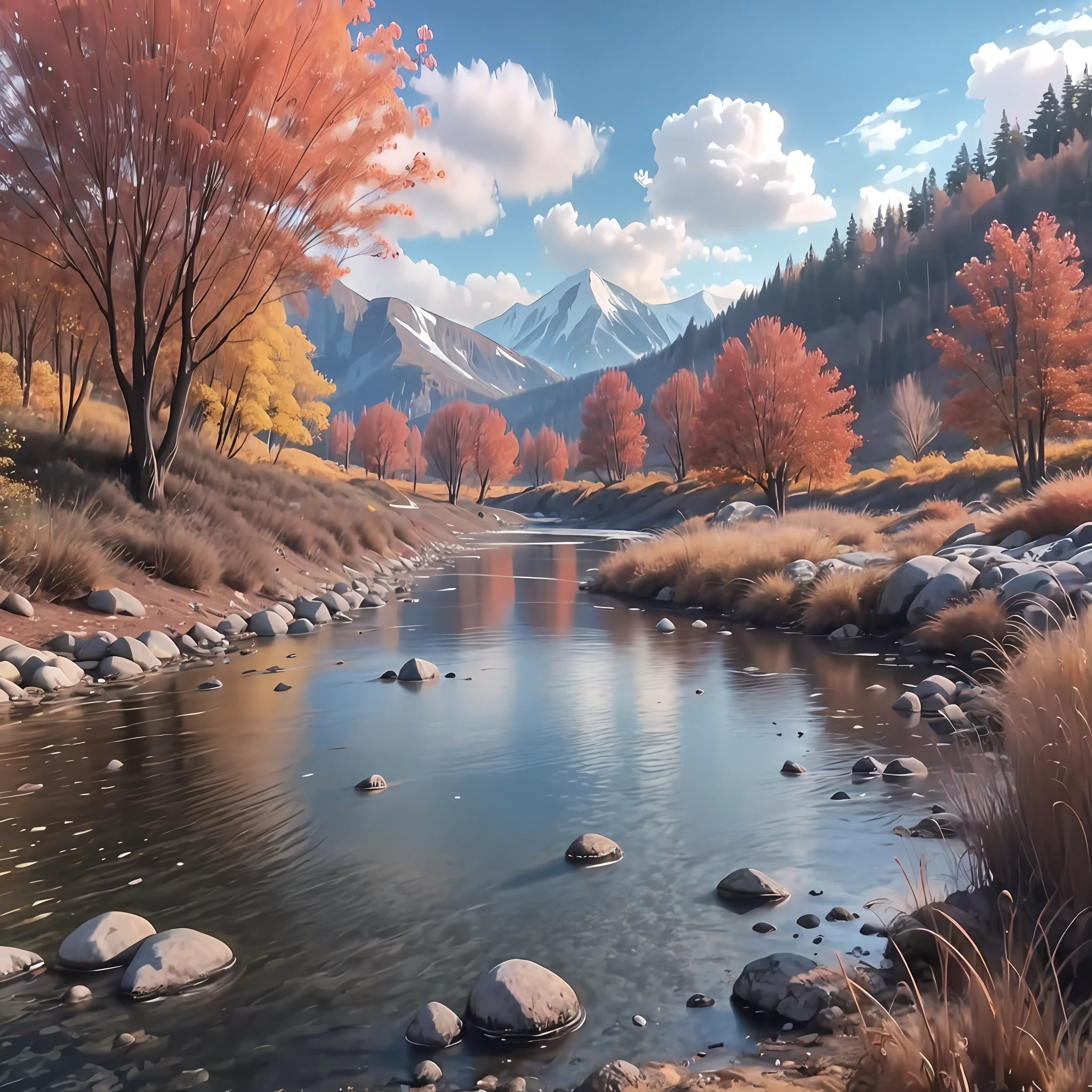Clear stream, trees, mountains, forest, blue sky and white clouds, autumn, sound of water mix4, (8k, RAW photo, best quality, 1.2)), ( Realism, Realism: 1.37)