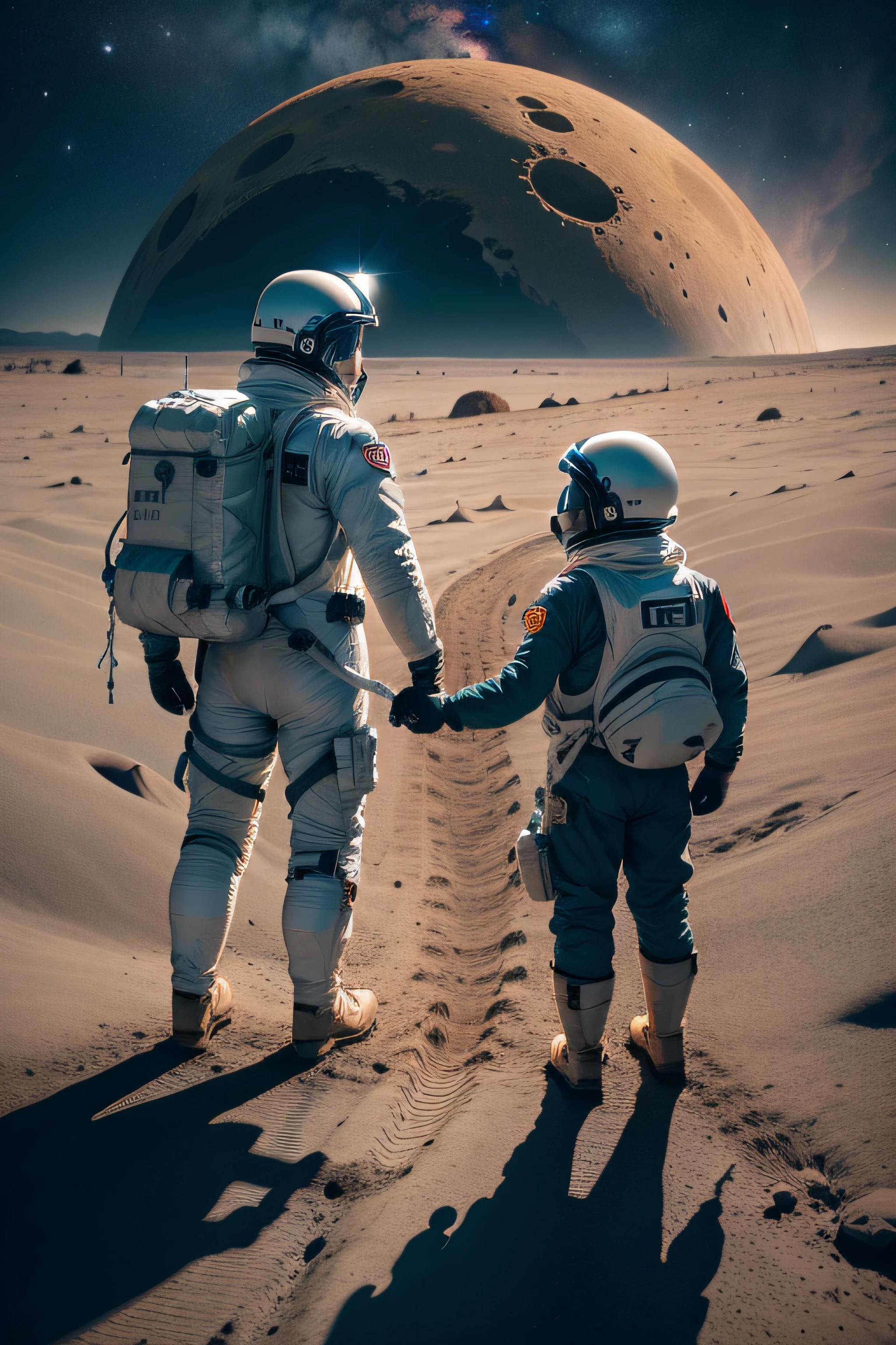 Crie uma imagem realista de um astronauta e seu filho caminhando juntos em um terreno lunar acidentado. Ao fundo, uma paisagem lunar deslumbrante com crateras e montanhas distantes