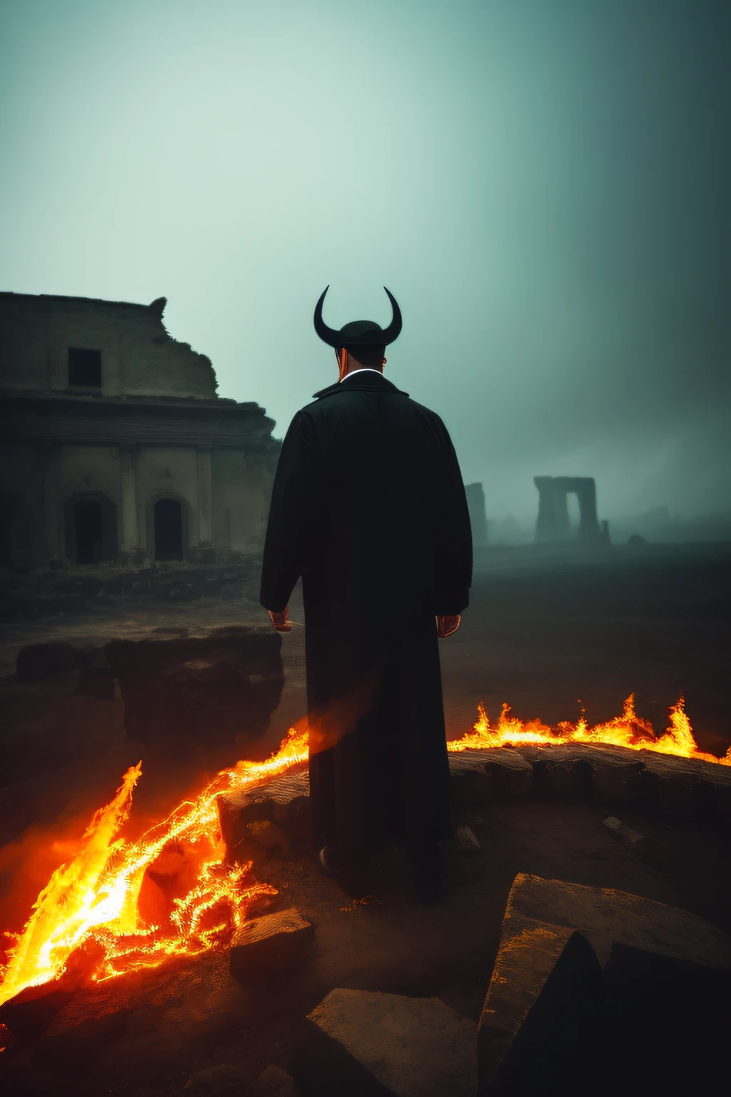 A devil with black wings and thick enveloping flames stands at the edge of a fiery chasm, his intense gaze stares down at anyone who dares to approach, the ground is covered with ruins and skeletons, while the sky is clouded by a constant rain of ash, Photograph, wide-angle lens, 35mm size, --ar 1:1 --v 5.