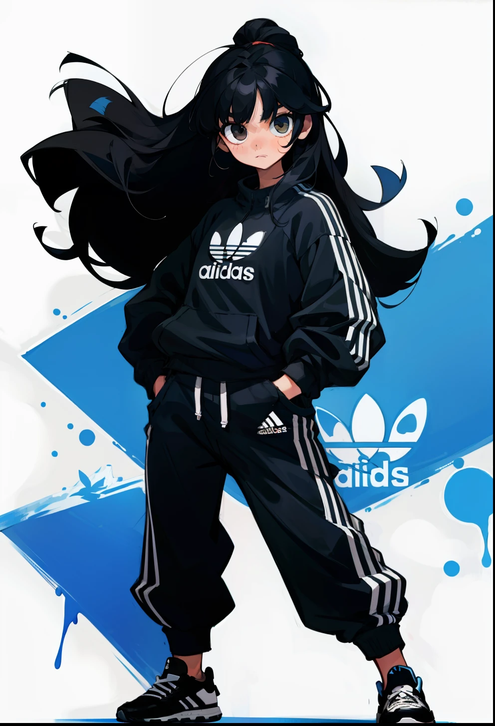 Black hair, 1Girl, Adidas Clothing, Relaxed stance, Long-haired,