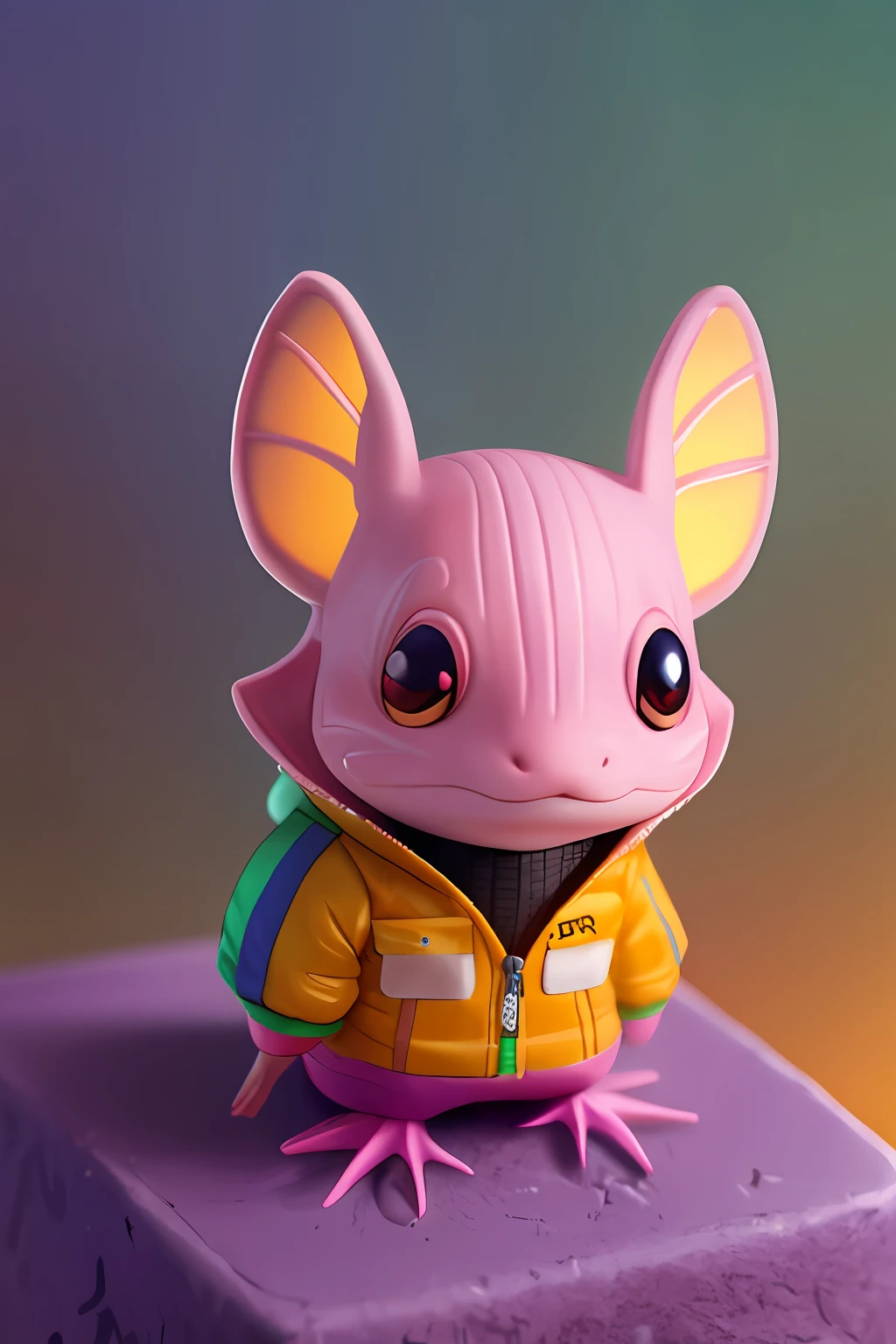 isometric view of a MINI cute hyperrealistic futuristic soldier Axolotl wearing cyberpunk jacket. orange skin. Cinematic, hyper detailed, white GRADIENT background , highly detailed, zoomed out, --auto --s2