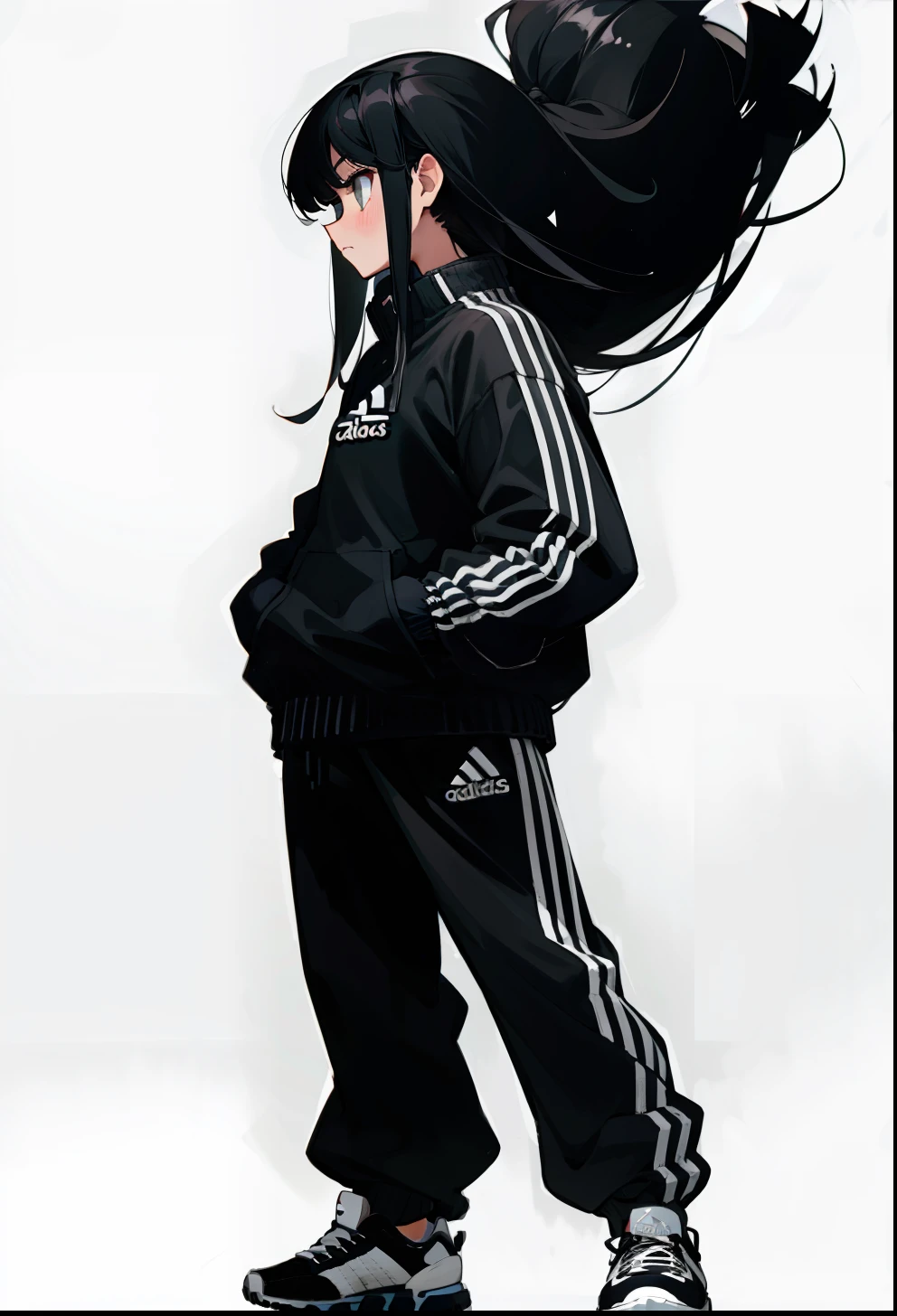Black hair, 1Girl, Adidas Clothing, Relaxed stance, Long-haired,