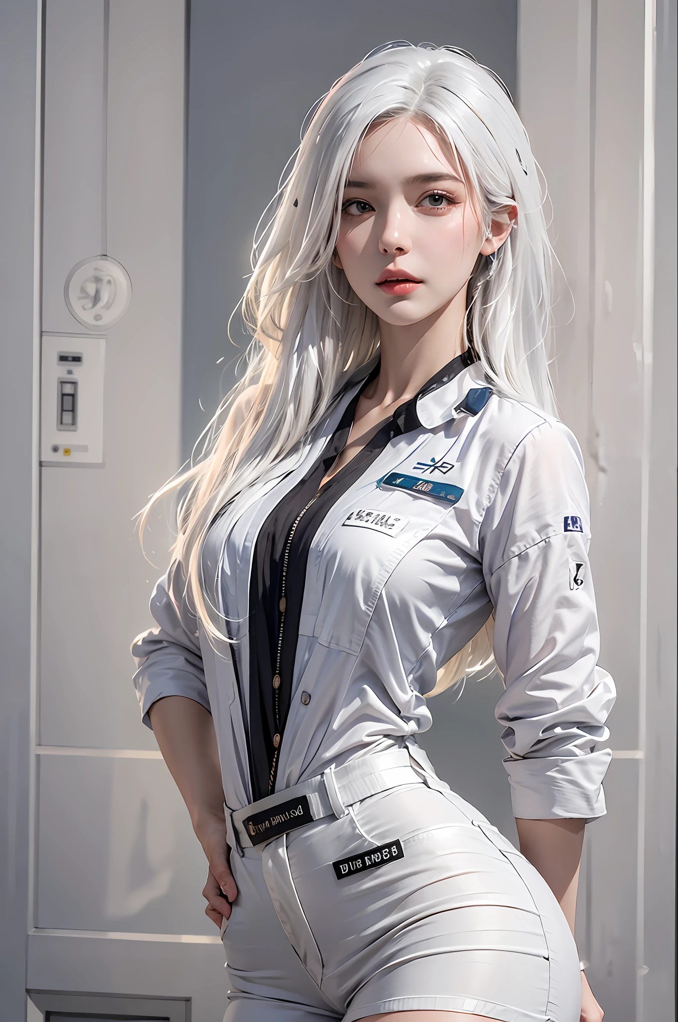 photorealistic, high resolution, 1 women, solo, hips up, look at viewer, (detailed face), white hair, Long Hair, doctor outfit, name tag, blouse