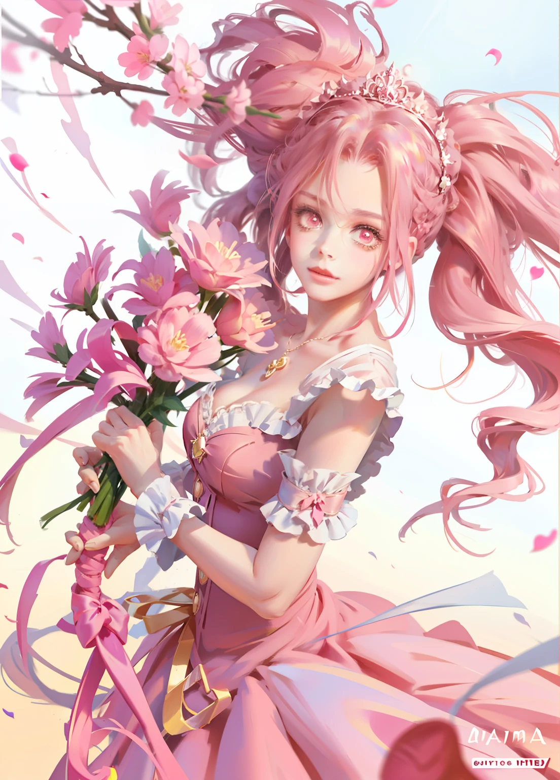 （ultraclear，A high resolution，Surprising detail，1girll，dual horsetail，frizzy hair）ssmile，Pink double ponytail and pink eyes，Anime girl in pink dress，tiara crown，Highly saturated color，Natural light，Anime princess,  portrait of magical girl, loli in dress, Loli, Lolita prostitute，magical little girl, style of magical girl, Anime moe art style