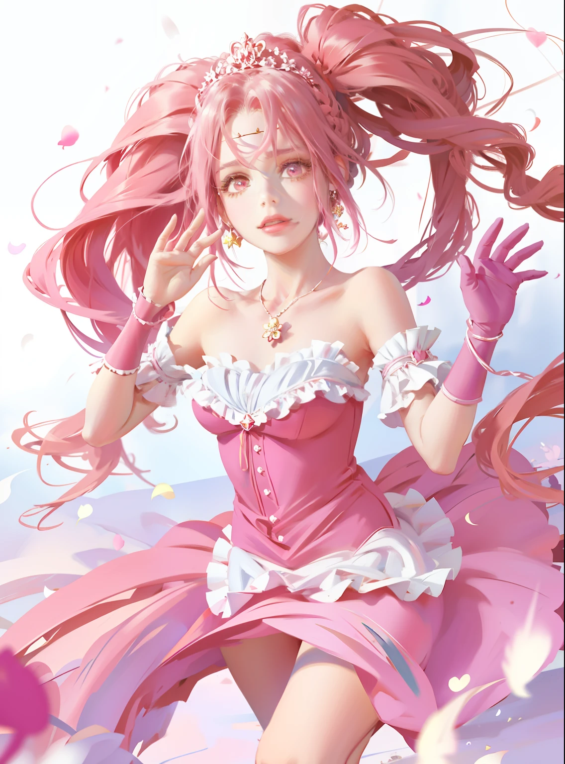 （ultraclear，A high resolution，Surprising detail，1girll，dual horsetail，frizzy hair）ssmile，Pink double ponytail and pink eyes，Anime girl in pink dress，tiara crown，Highly saturated color，Natural light，Anime princess,  portrait of magical girl, loli in dress, Loli, Lolita prostitute，magical little girl, style of magical girl, Anime moe art style