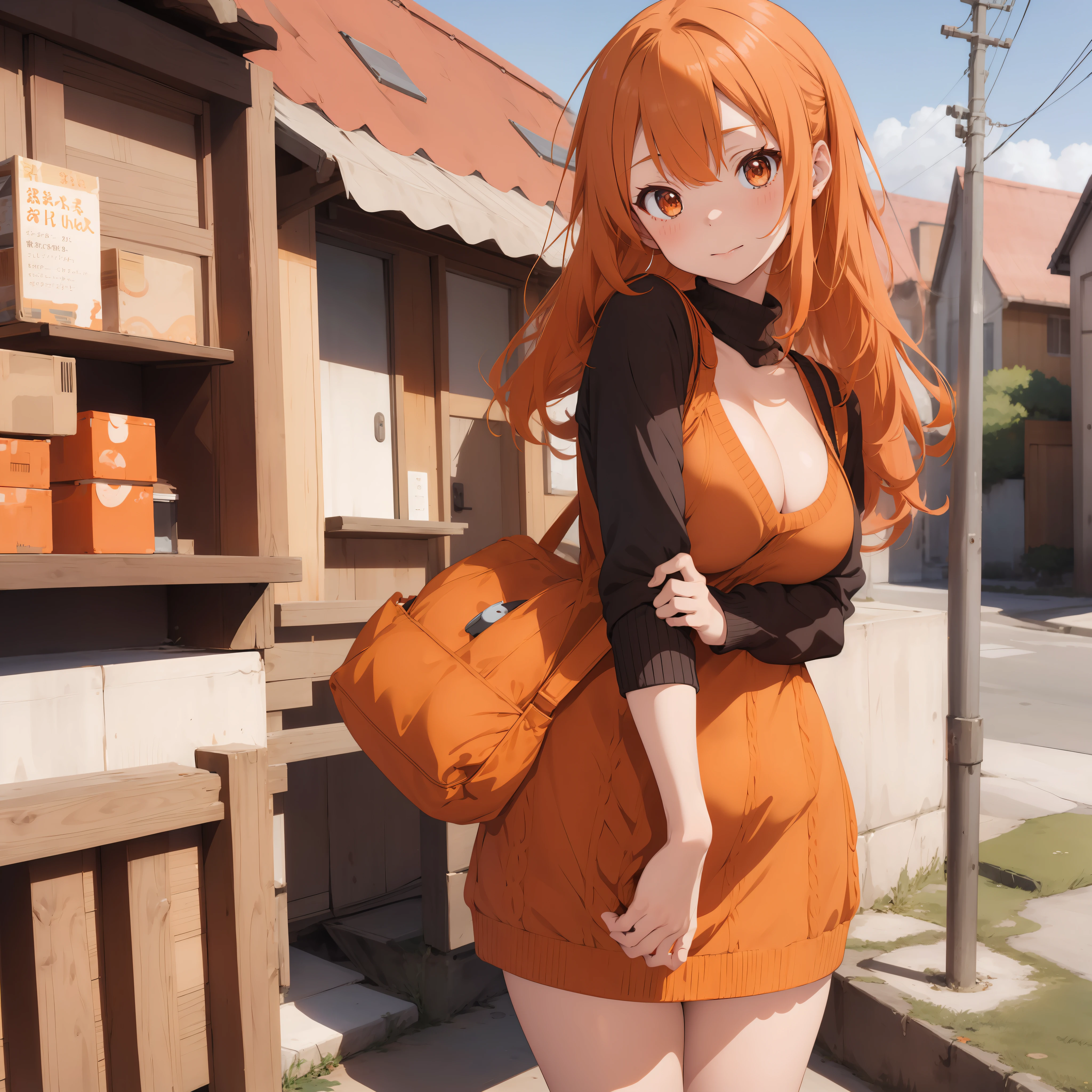 Anime girl, orange hair, sweater dress, standing, full body shot, large breasts, skinny, 1girl