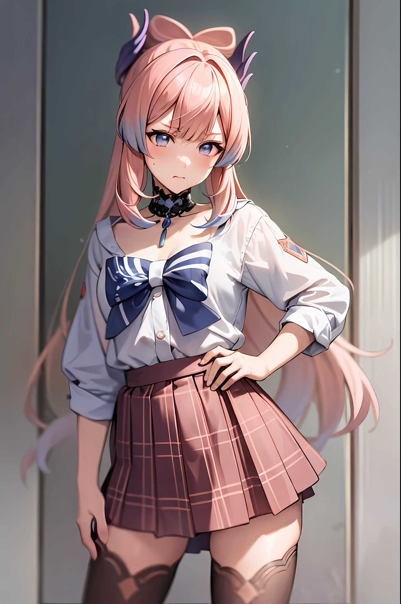 masterpiece, best quality, ultra detailed, hyper realistic, photo),delicate pattern, detailed background, uncensored completely, cowboy shot,  japanese girl,
school uniform, loose collar, skirt, looking over eyewear,
hair between eyes, pink hair
put up index finger and one hand on hip,  angry with puffed cheeks,
from above, leaning forward,