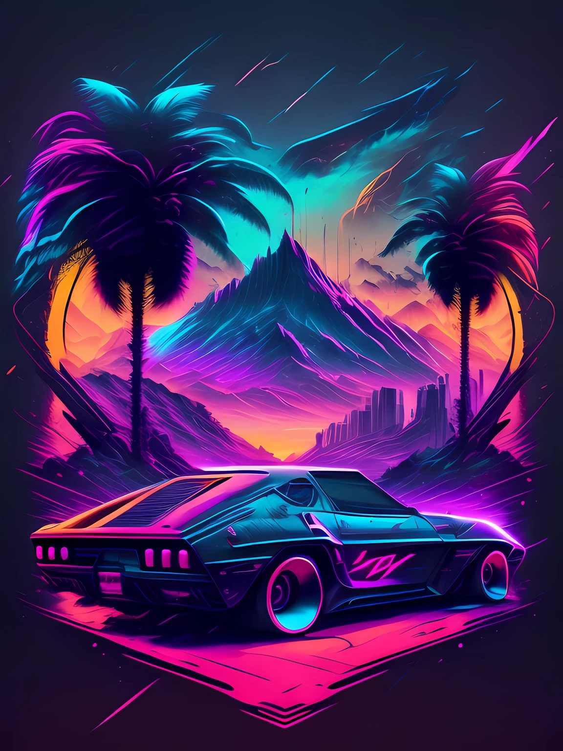 "carro, ambiente cyberpunk, design de camiseta estilizado, meio da jornada, arte vetorial vibrante, hydro74"