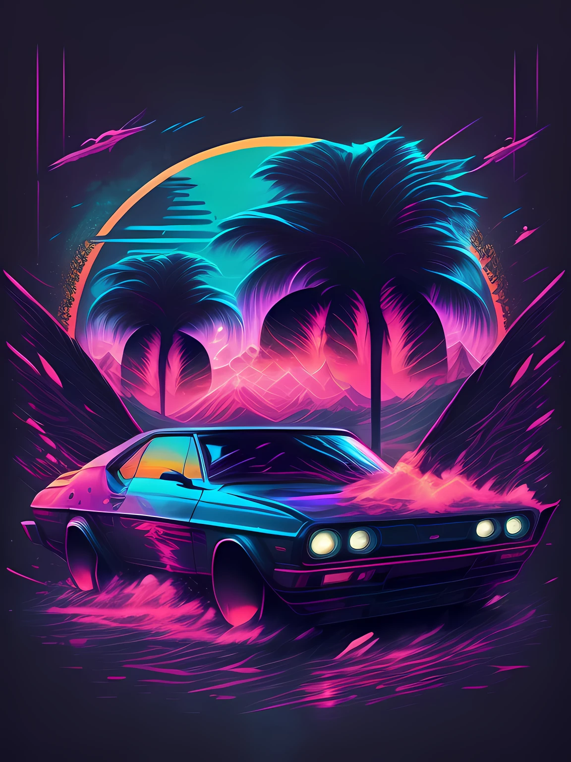 "carro, ambiente cyberpunk, design de camiseta estilizado, meio da jornada, arte vetorial vibrante, hydro74"