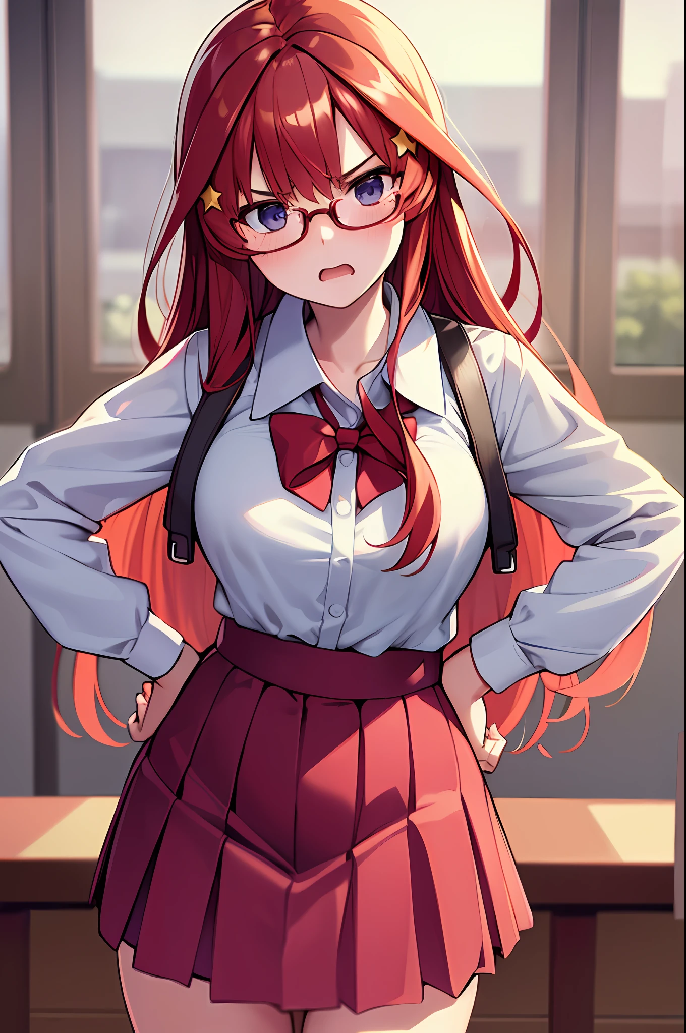 masterpiece, best quality, ultra detailed, hyper realistic, photo),delicate pattern, detailed background, uncensored completely, cowboy shot,  japanese girl, class room,
school uniform, loose collar, skirt, looking over eyewear,
hair between eyes, red hair
put up index finger and one hand on hip,  angry with puffed cheeks,
from above, leaning forward,