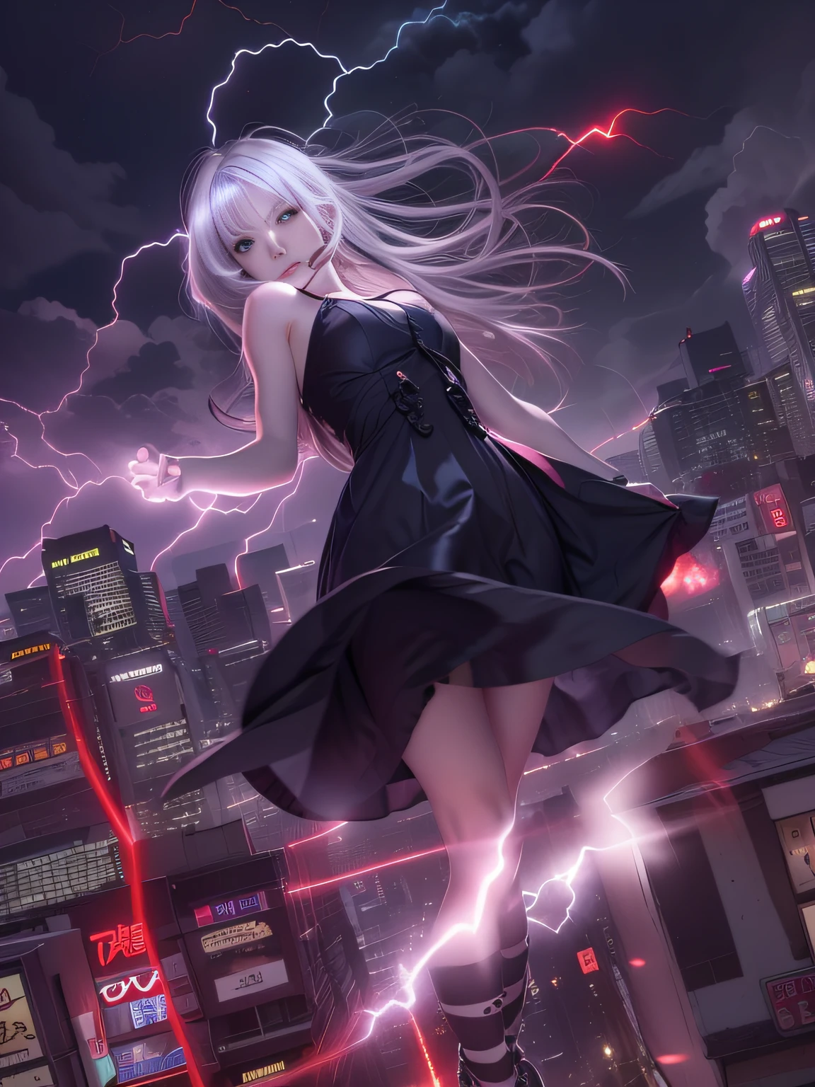 Black goth-rowley girl floating in the city with lightning,Gothloli albino girl floating in the city with one hand,Woman in black dress with red and black hair, Gothic Maiden girl, girl in black dress, 1 7 year old girl,Old Goth girl, an elegant gothic princess, artwork in the style of guweiz, in the art style of bowater, dreamy gothic girl, 8k high quality detailed art, gothic art style, wearing a gothic dress,closing,Wearing underwear,Red Eyes,Looking down,white hair,Wind,Head tilt,White hair, Silver hair, Long hair, Blunt bangs, Straight hair, Big hair, expressive hair, (Red eyes that glow intensely:1.8), Downward eyes, (Red Eyes:1.5),small tits,Thin leg,Crazy, Disappointed,wide Shots,wide angles,sideshot,3 views,,(Close up portrait of a person in a black dress flies over the city:1.7),People fleeing the busy streets of the city lined with shops々々々々々々々々々々, busy street, Street crowded with people, photograph of the city street, japanese downtown, Traditional Cities of Japan, Busy streets,busy cityscape, bustling city, Crowded with people, Bustling streets in the moon, crowdedstreets, shutterstock, Bustling small town streets,bad weather、A huge amount of purple lightning came out of the girl's hand and hit the city,Dark clouds cover the city pierced by clouds of lightning, Lightning clouds, Atmospheric lightning, Pink lightning, With thunderstorms, Dark storm with lightning, Dramatic purple lightning, Lightning in the sky, Contrast Lightning, thunderstorm in the sky, Lightning in the background, With lightning, Stormy weather with lightning, Upper volumetriclightning,Effect of wearing purple aura,(Control a large number of lightning with open arms:1.4),Destroy the city with a girl's lightning attack,Called nose,Lightning effect on both hands,Countless balls glowing purple around the girl,goddess of lightning, Storm, Storm outside, She attracts a lot of purple lightning,