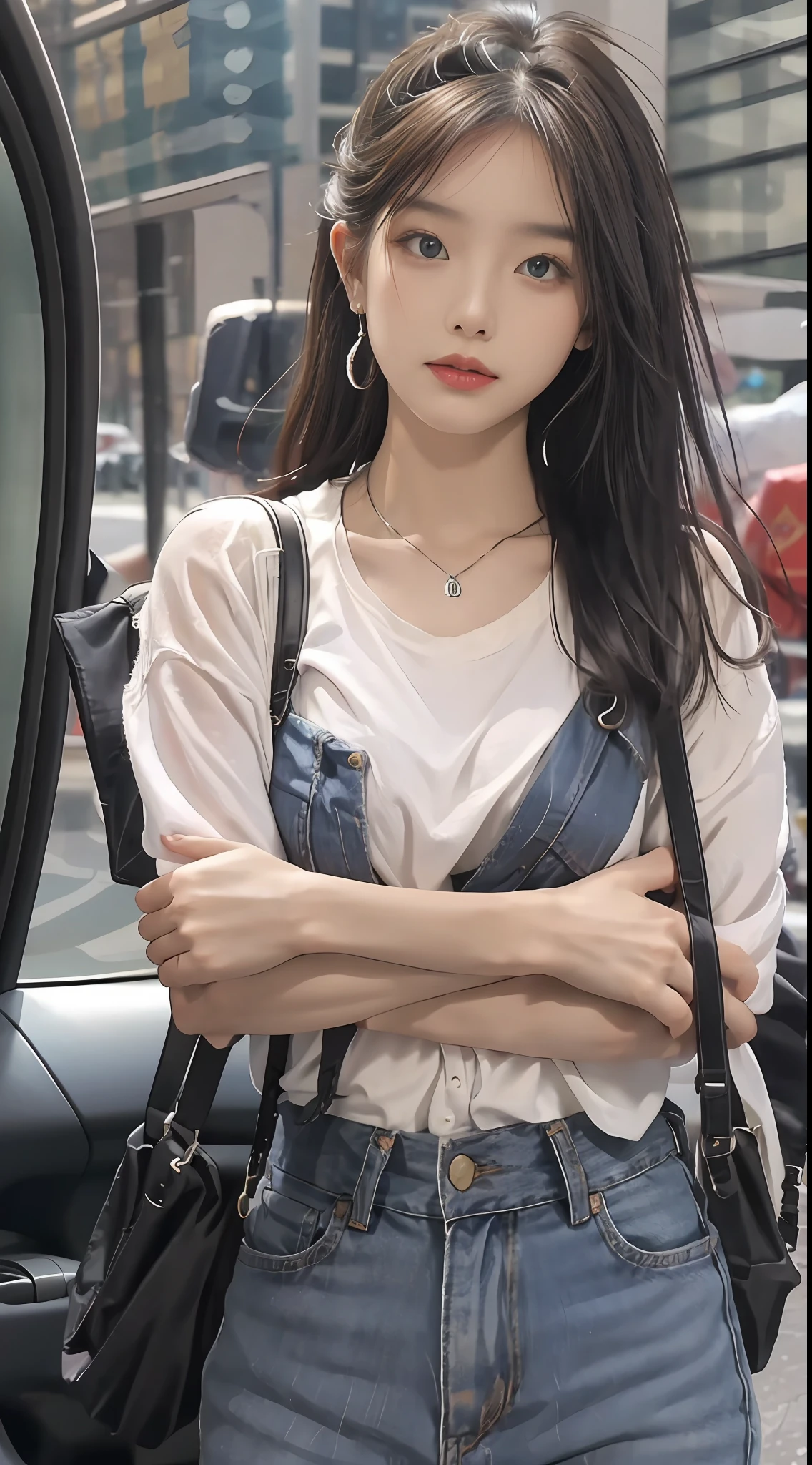 best qualtiy,tmasterpiece,8K分辨率,(realisticlying:1.2),RAW photogr,(Evening street),1个Giant Breast Girl,黑The eye,looking at viewert,long whitr hair,Light makeup,cparted lips,tiny ears,whitet-shirt,denim short,耳Nipple Ring,Sit in Ferrari,Bigchest,Slim